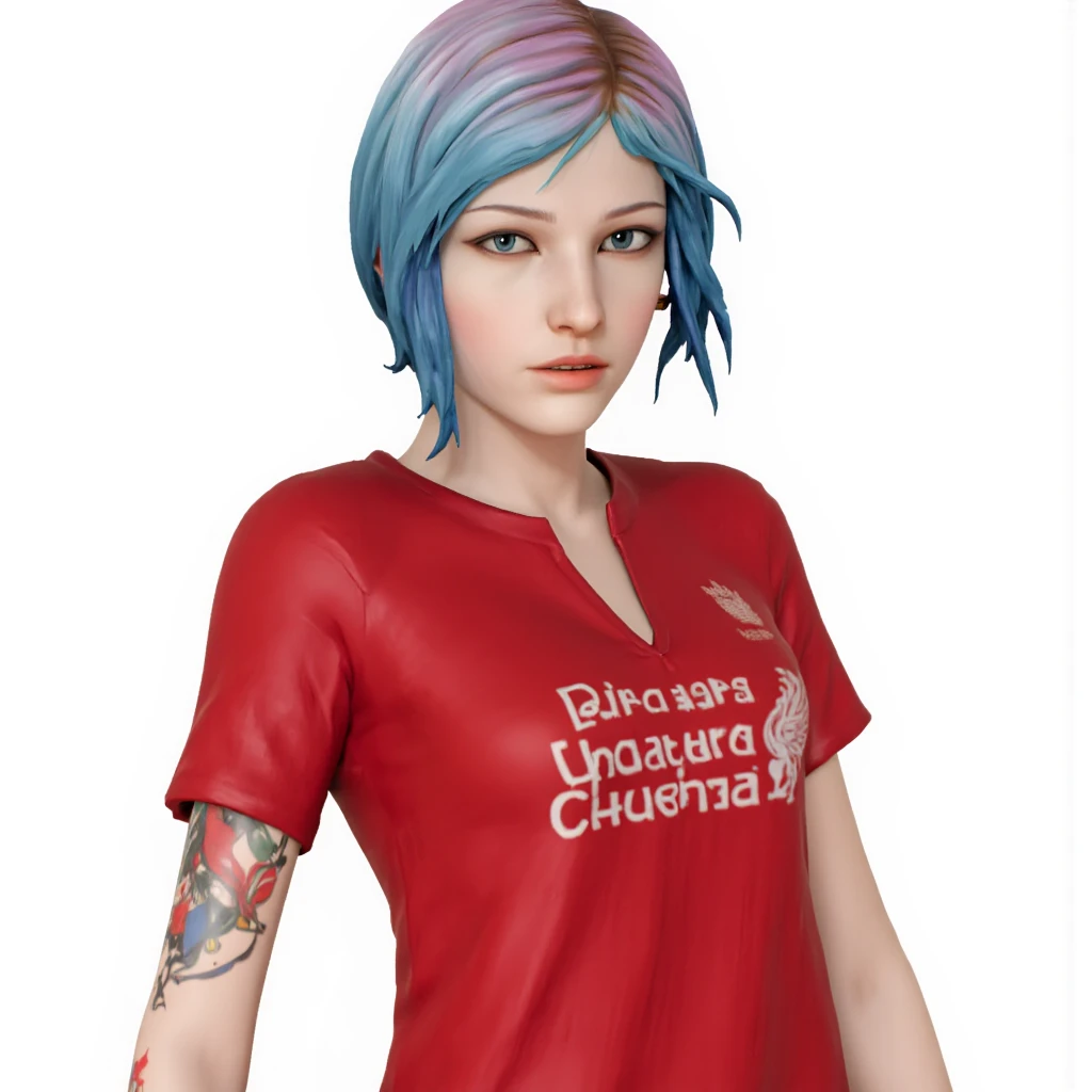 A professional photography of Chloe Price (Life Is Strange), white background, neutral expression, aesthetic selfie, she wears a Liverpool (2007 season red team uniform)