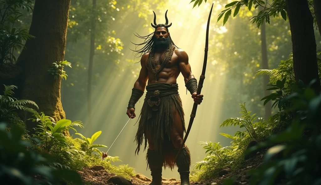 A young native man wearing a forest mask, real image, forest atmosphere with scanty clothing, 3D picture, there is a sharp sword weapon, together with the rider we love