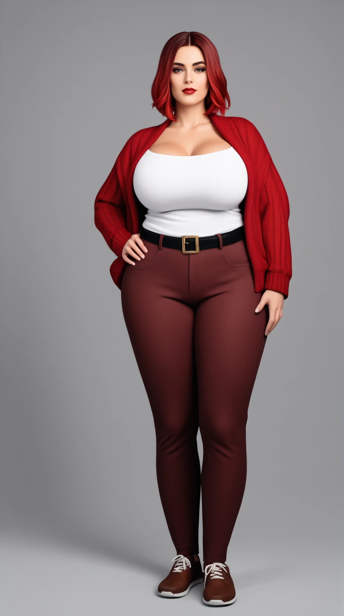 Woman, 27 years old, 1.96m tall. 125kg. Strong and curvy amazonian BBW. Very broad shoulders. Super long legs. Humungous breasts, slightly pointed bosoms. Wearing tight off the shoulder sweater, burnt ember sweater. Strong back, firm obliques. Rower's body. Lengthy cleavage, deep cleavage. Mohair trousers, brown trousers. Ankles showing. Rainbow belt, big belt buckle. Oxford shoes, brown shoes. Big, ruddy cheeks. Full face, high cheekbones. Chestnut hair with red highlights. Rugged, horny. Mixed Sardinian and Estonian. Dominant. Ready to flirt. Expressive, vibrant. Teasing, mischievous, rambunctious. Confident body language. Walking through a Christmas village. Turning heads. 35mm, full body portrait. Motion lines around her jiggling breasts, quaking thighs. Holding up her massive breasts. Giggling suggestively.