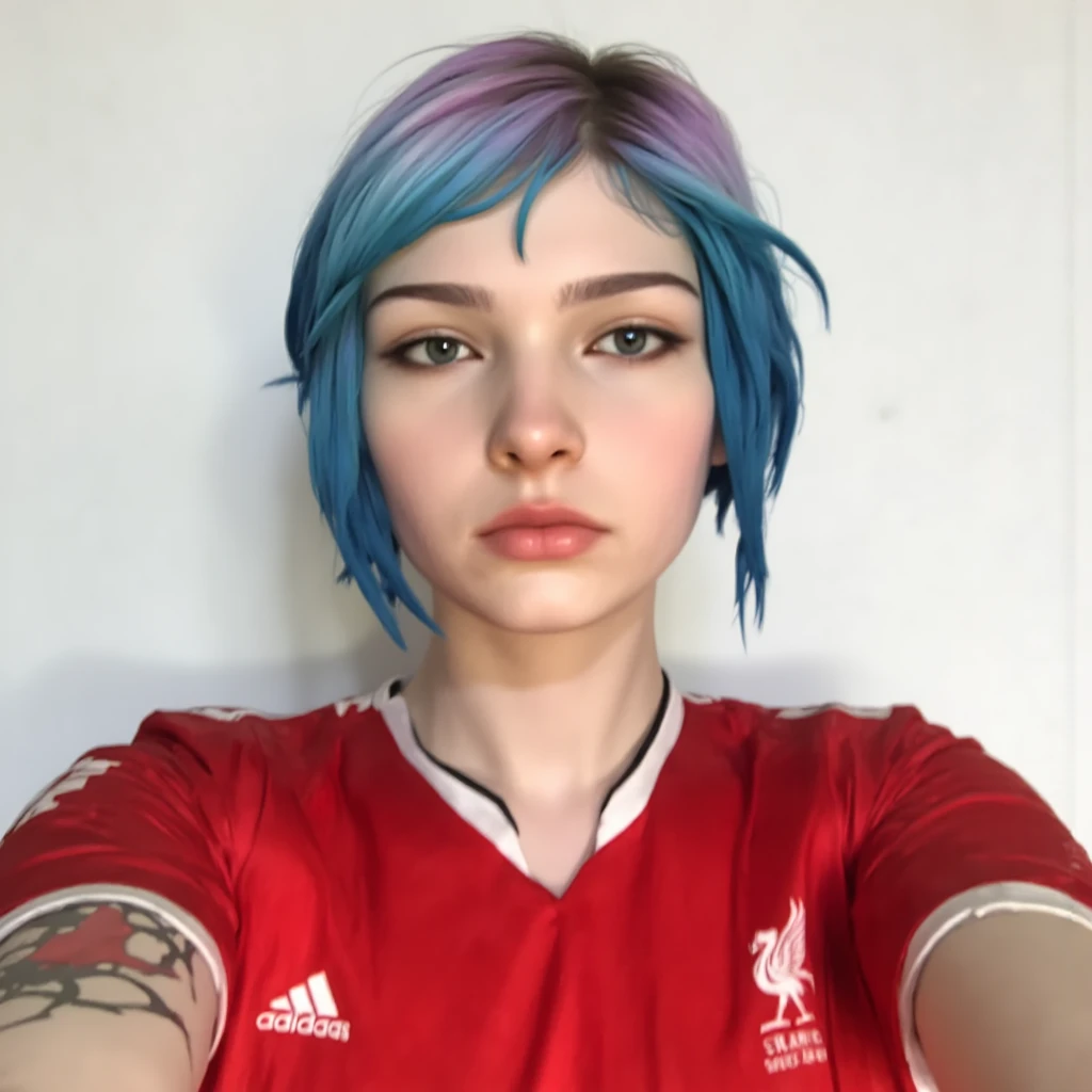 Chloe Price (Life Is Strange), white background, neutral expression, aesthetic selfie, frontal selfie,she wears a Liverpool (2007 season red team uniform)