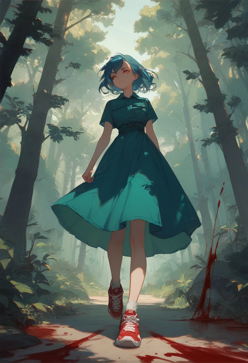 score_9, score_8_up, score_7_up, a full body girl. Navy blue waist-length hair, forest green dress, blood red sneakers