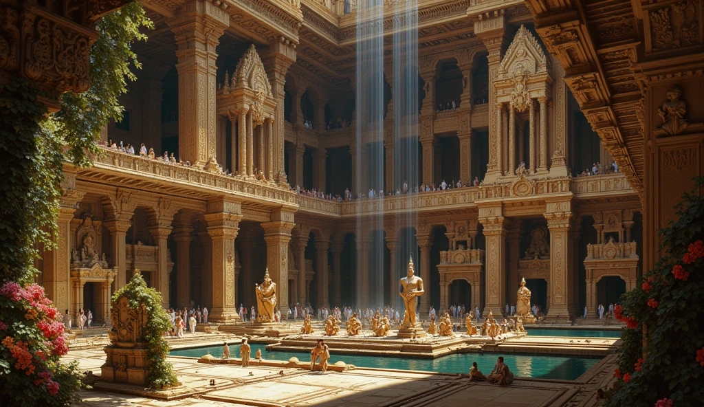 A grand, hyper-realistic painting capturing a majestic hall within an ancient Indian palace. The hall features multiple attic pools, each fed by cascading waterfalls that flow elegantly from stone-carved spouts high above. Stone platforms and finely carved balconies blend seamlessly with the intricate Dravidian temple architecture. The ceiling is adorned with ornate carvings, depicting celestial figures and patterns, while massive, intricately detailed pillars showcase traditional South Indian designs, rising gracefully to support the roof. Towering statues of deities and mythical beings, sculpted with precision and reverence, line the hall, lending an aura of timeless grandeur. Lush vines with vibrant flowers wrap around the stonework, introducing elements of natural beauty into the scene. Soft rays of sunlight filter in from above, illuminating the pools and casting intricate shadows that accentuate the hall's detailed craftsmanship. The atmosphere combines a serene tranquility with opulent splendor, as vivid textures and colors reflect the rich legacy and splendor of ancient India. Capture the scene with high contrast, vivid hues, and a warm, ethereal glow