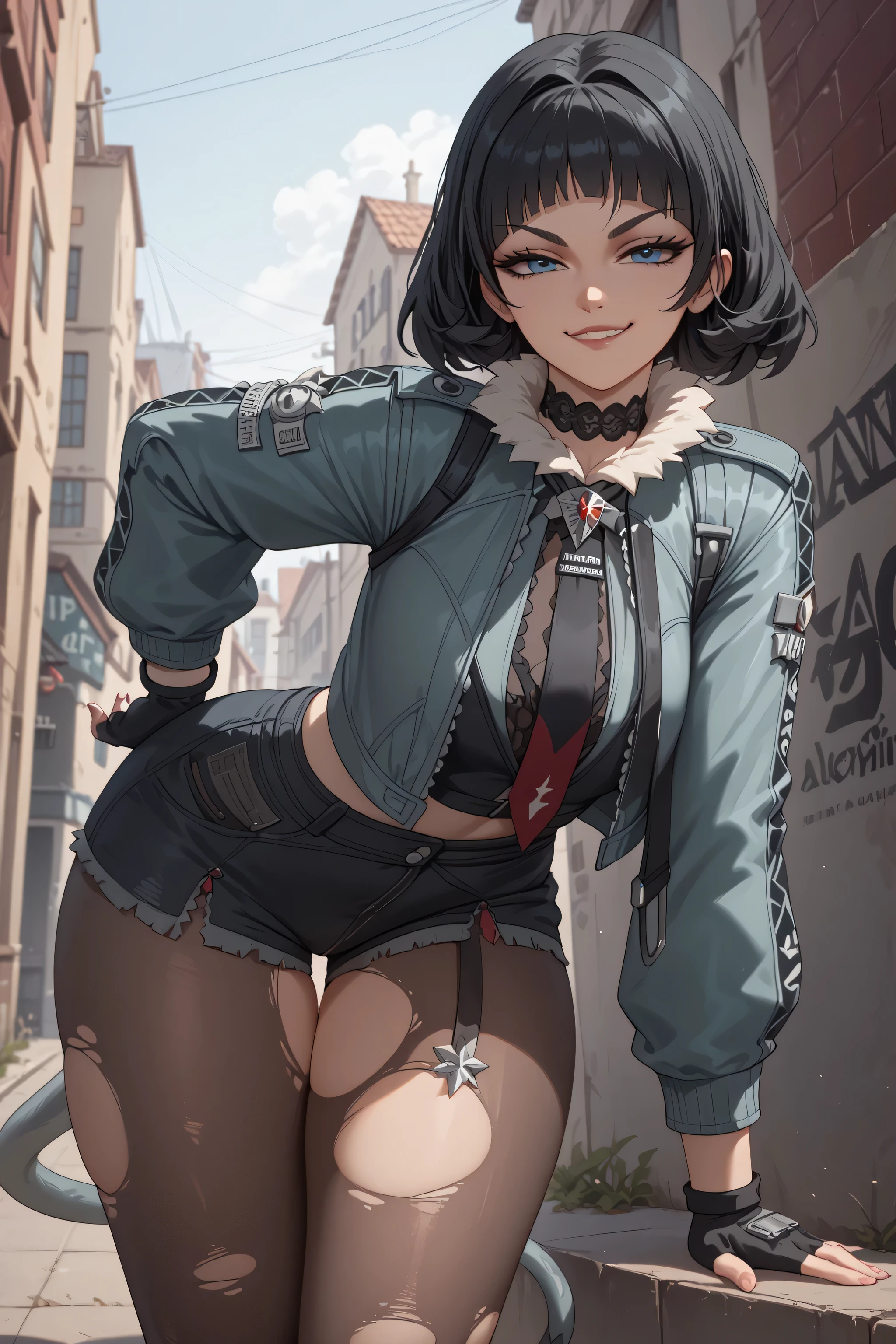 ((janedoe)), ((jane doe)), ((masterpiece)), ((high resolution)), ((cartoon style)), ((solo portrait)), {(attractive figure), (beautiful legs), (thick thighs), (grey tail with sharp point), (black hair), (blue eyes), (long eyelashes), (thin eyebrows), (smug smirk)}, {(grey jacket), (black jean shorts with pantleg zippers), (ripped pantyhose), (fingerless gloves), (neck tie)}, {(bending over), (looking at viewer)}, ((dark alleyway)), ((nighttime)), ((moonlight))