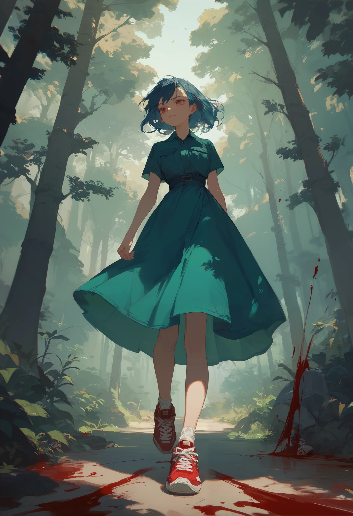 score_9, score_8_up, score_7_up, a full body girl. Navy blue waist-length hair, forest green dress, blood red sneakers