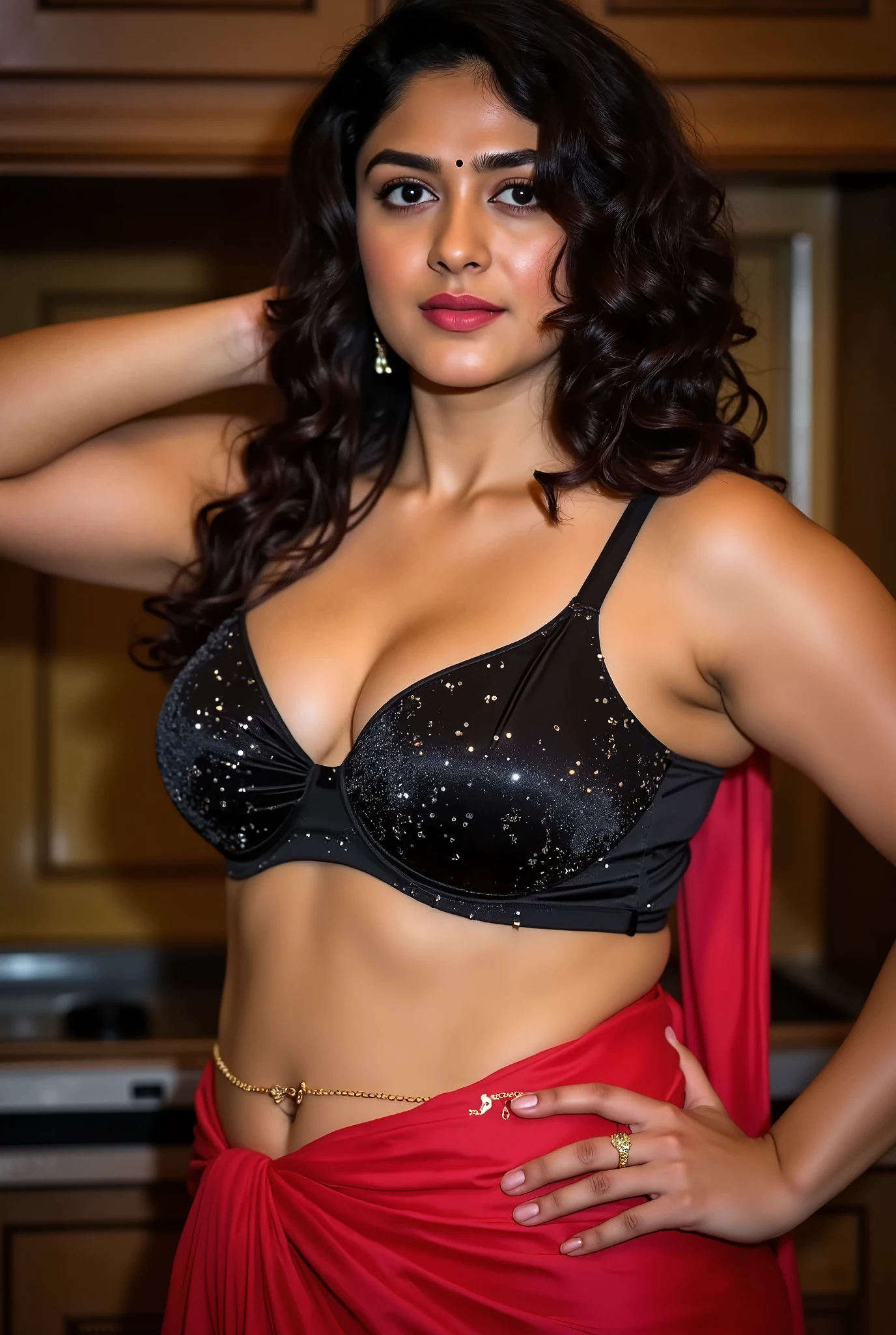 an ullu desi indian cute actress hot plus size standing in kitchen. She has curly black hair and are posing with one hand on the back of their head. She wearing a sleeveless, shimmering black tube bra and a royal red sequin saree with a smooth texture. background is deep blurred, the showing Thigh legs, sexy stubble hairy armpits, sexy deep juicy navel, golden waist chain,