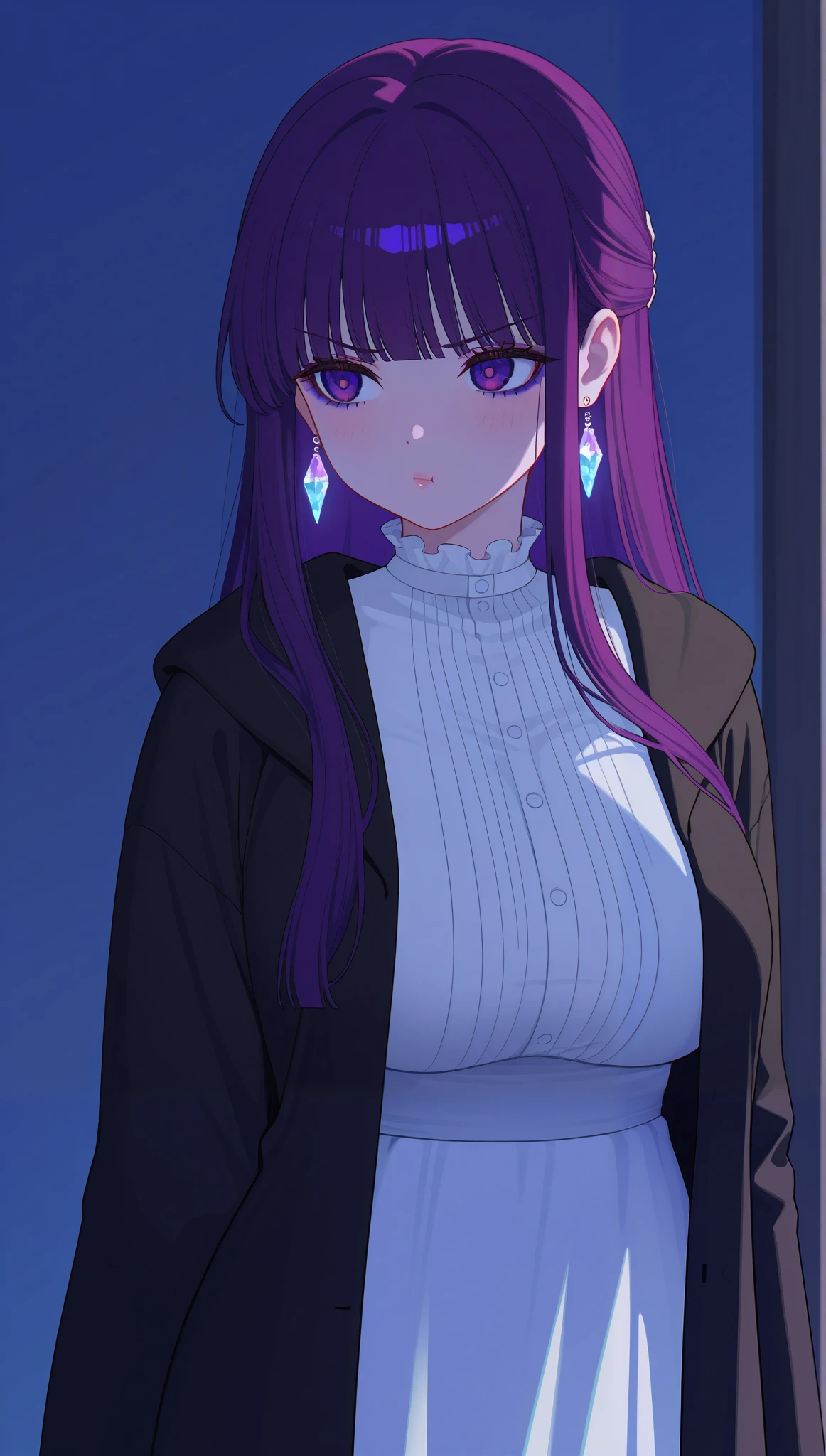 (masterpiece), (portrait), big breasts (aesthetics), ((1 female 21 years old)), Highlight earrings), ((long hair)), ((Hot crystal purple hair)), ((Fern)) straight hair, thin eyes open, cold look, purple eyes, cute, naughty, angry, pout, lane, woman, feminine, beautiful, female features, top, high quality, aesthetic clothing, professional angle, (rule of thirds), (feminine), , (beautiful) , (female), solo, (Korean attractive), summer, (ink haze), (afternoon), (vibrant light), seductive posture, ((face looking forward))), Fern,  long black coat, long sleeves, long white dress, long sleeves, sensual ((Energy)), (Bold Makeup), (Big Breasts), Fair Skin, (Clothes with Hip Hop Details), (a hot Fern, sculptural body, sexy pose), (Sleep Neckline), Beautiful Hands, Body beautiful, beautiful ears, beautiful eyes, bright eyes, beautiful mouth, beautiful lips, florest