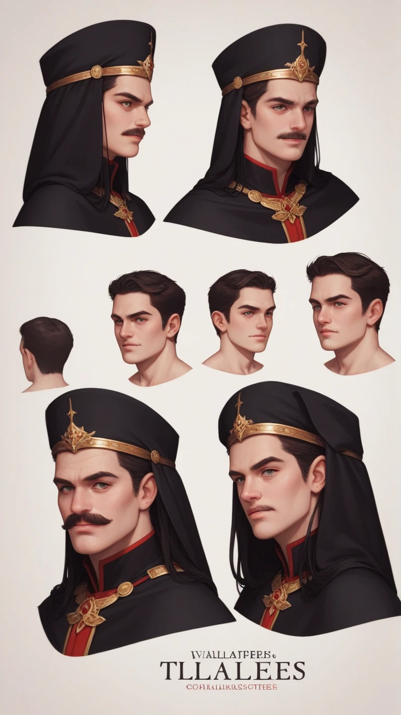 Character sheet consisting of Vlad Tepes the Impaler seen in different poses on a white background Recommended visual consistency for Vlad Tepes: The Impaler Always wearing his red and black cape, dark and gold-trimmed armor, or simple headdress to indicate his royal status. : Pale face, dark, shoulder-length hair, prominent mustache, and piercing eyes that reflect coldness and calculation. Imposing and controlled, conveying authority and a menacing