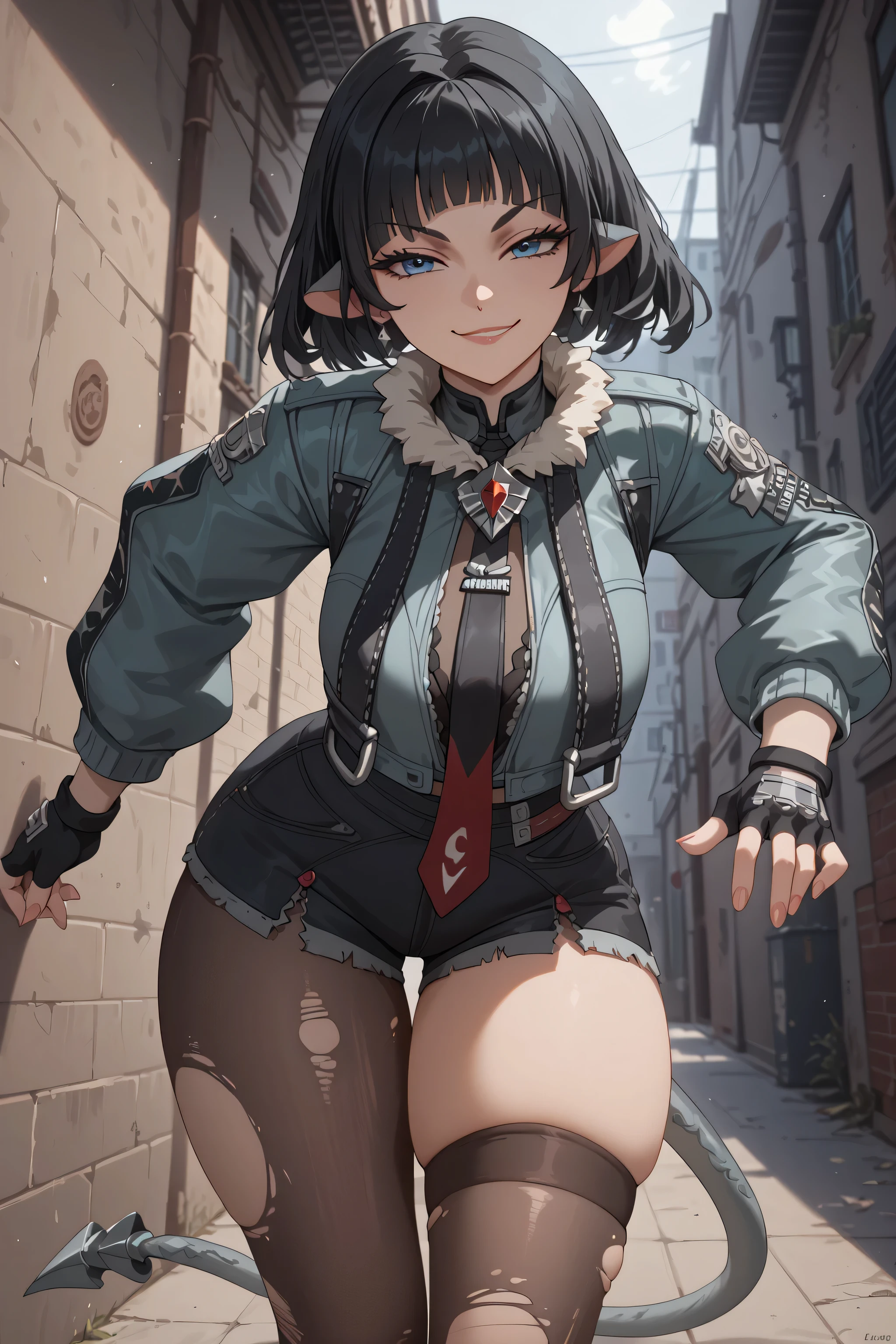 ((janedoe)), ((jane doe)), ((masterpiece)), ((high resolution)), ((anime style)), ((solo portrait)), {(attractive figure), (beautiful legs), (thick thighs), (grey tail with sharp point), (black hair), (blue eyes), (long eyelashes), (thin eyebrows), (smug smirk)}, {(grey jacket), (black jean shorts with pantleg zippers), (ripped pantyhose), (thighhigh on left leg), (fingerless gloves), (necktie)}, {(bending over), (looking at viewer)}, ((dark alleyway)), ((nighttime)), ((moonlight))