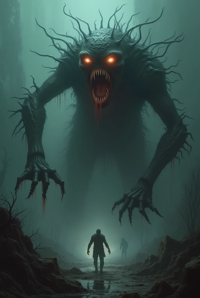 full body) (dark night blue ambience) a creepy looking creature in a forest, resident evil virus concept art, large eyes and menacing smile, hands are calling someone, jump scare, red giant, d&d art, evil standing smiling pose, tortured face made of wood, kerem beyit, stranger things vecna, the reaper as a scary, an eerie, two silhouettes of man are running in front