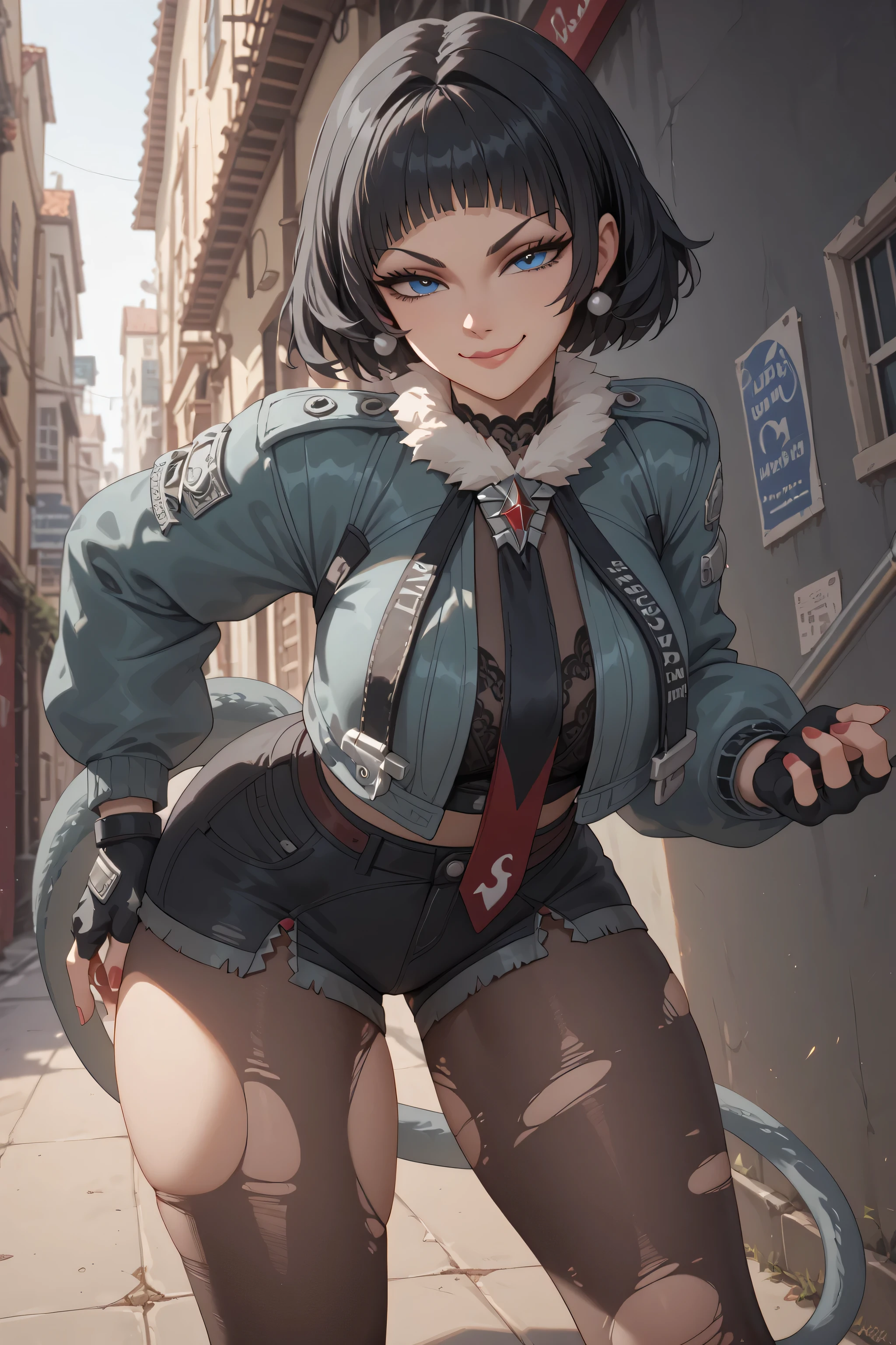 ((janedoe)), ((jane doe)), ((masterpiece)), ((high resolution)), ((cartoon style)), ((solo portrait)), {(attractive figure), (beautiful legs), (thick thighs), (grey tail with sharp point), (black hair), (blue eyes), (long eyelashes), (thin eyebrows), (smug smirk)}, {(grey jacket), (black jean shorts with pantleg zippers), (ripped pantyhose), (fingerless gloves), (neck tie)}, {(bending over), (looking at viewer)}, ((dark alleyway)), ((nighttime)), ((moonlight))