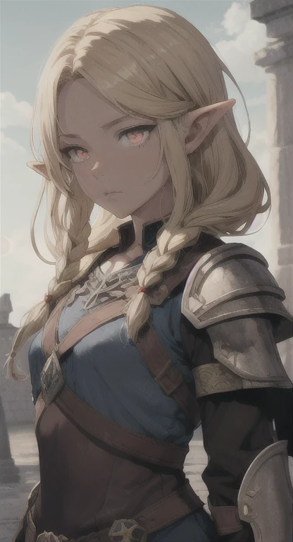 Ancient Hylian, Yggdrasil Knight, blind Hylia, blonde, blank red eyes, blank red pupils, Devine braids, looking at viewer, long messy hair, ancient Hyrule, ancient armor, Palace,