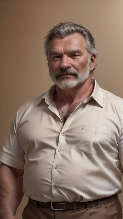 fat strong white middle aged man。 gentle expression 。  white open collared shirts 。brown chinos 。  has no background。 Precise depiction。 Highest Resolution 。Maximum number of pixels。 Best Picture Quality 。 hyperreal。 Photorealistic 。