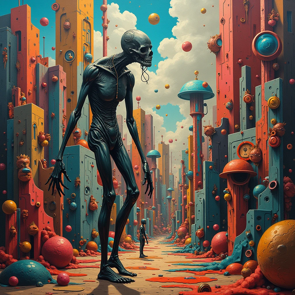 <lora:ssta:0.6>ssta, ruins that look like someone sitting cross legged, woman reaching toward drone child, cars in parking lot, graffiti, restaurant sign, mountains, desert, clouds