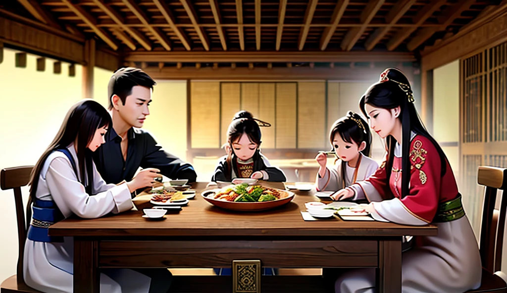 "A realistic image of"A family united in prayer around a dining table, with simple foods and a Bible in the center of the table."