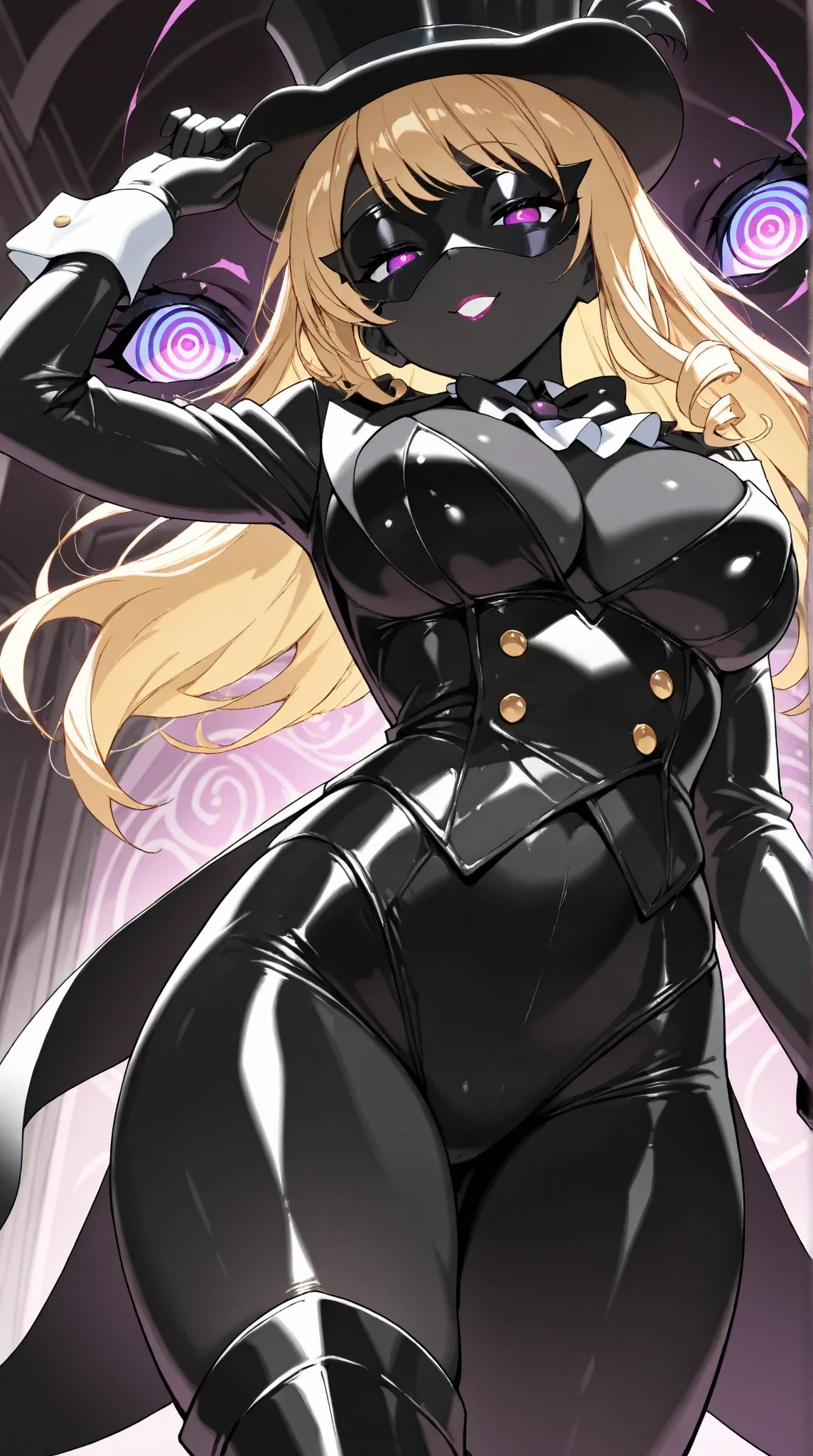  a woman with a black body ,1 person:2.0,(masterpiece:1.3, top quality :1.3, very detailed depiction:1.3, Incredible High Definition :1.3,High quality anime drawings),(Bewitching Female Phantom Thief :1.3),(Sexy Female Phantom Thief Outfit, tuxedo,Gentleman&#39;s hat, covers her eyes with a black venetian mask:1.3,latex, luxury accessories , black tights, boots),( black skin:1.5,Black Skin:1.5,Blonde,Glowing purple eyes, half-closed eyes:1.3,Swirling Eyes :1.3, mind control,Does not depict a mouth :1.5, slender figure, bewitching smile,Glossy lipstick, flashy makeup,Seductive gestures,Beautiful legs, healthy legs,Curvaceous Body,High quality skin),Fall, dynamic images , view from below, cowboy shot