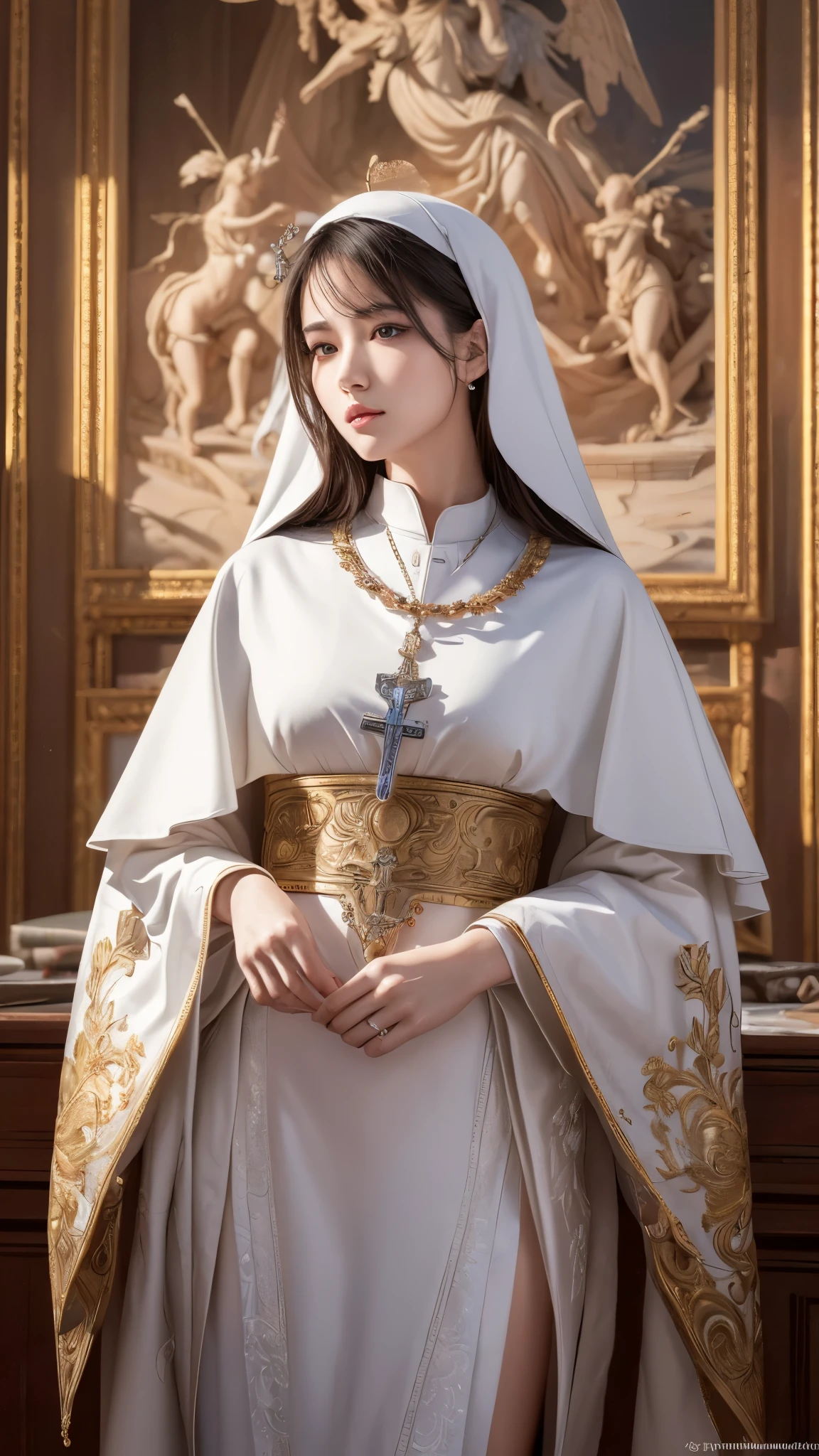 unreal engine 8k catholic portrait of the Immaculate Heart of Mary with perfect hands praying together and heart around her chest and roses around the heart and blue cloth veil with gold sequencing, heavenly background in a rose garden with a cross in the background
