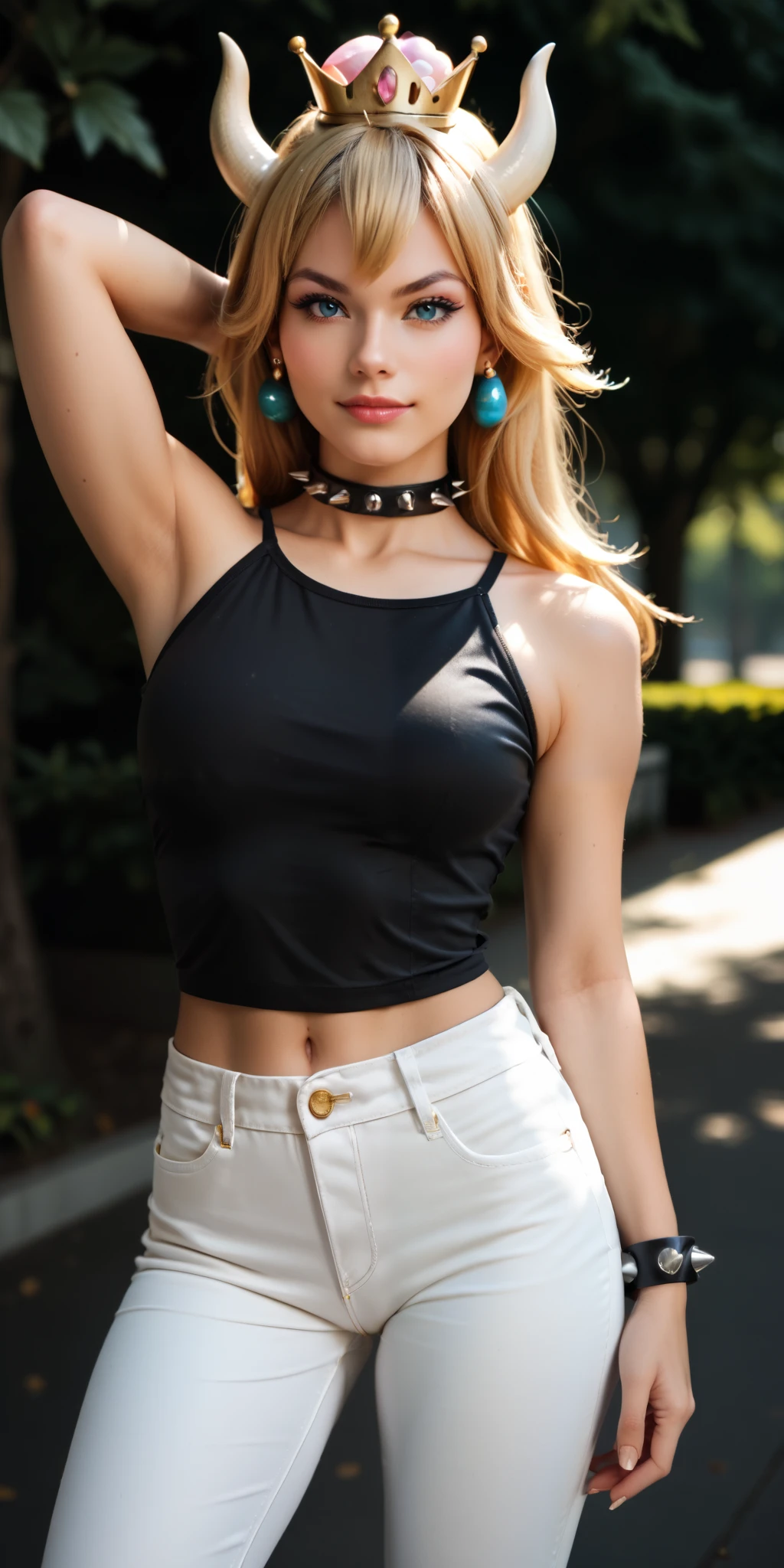 Realistic Bowsette character wearing fashionable clothes with tight white jeans and a black top, bracelet, earrings and a black leather choker with spikes. In a flowery park in the morning. Photo model pose.