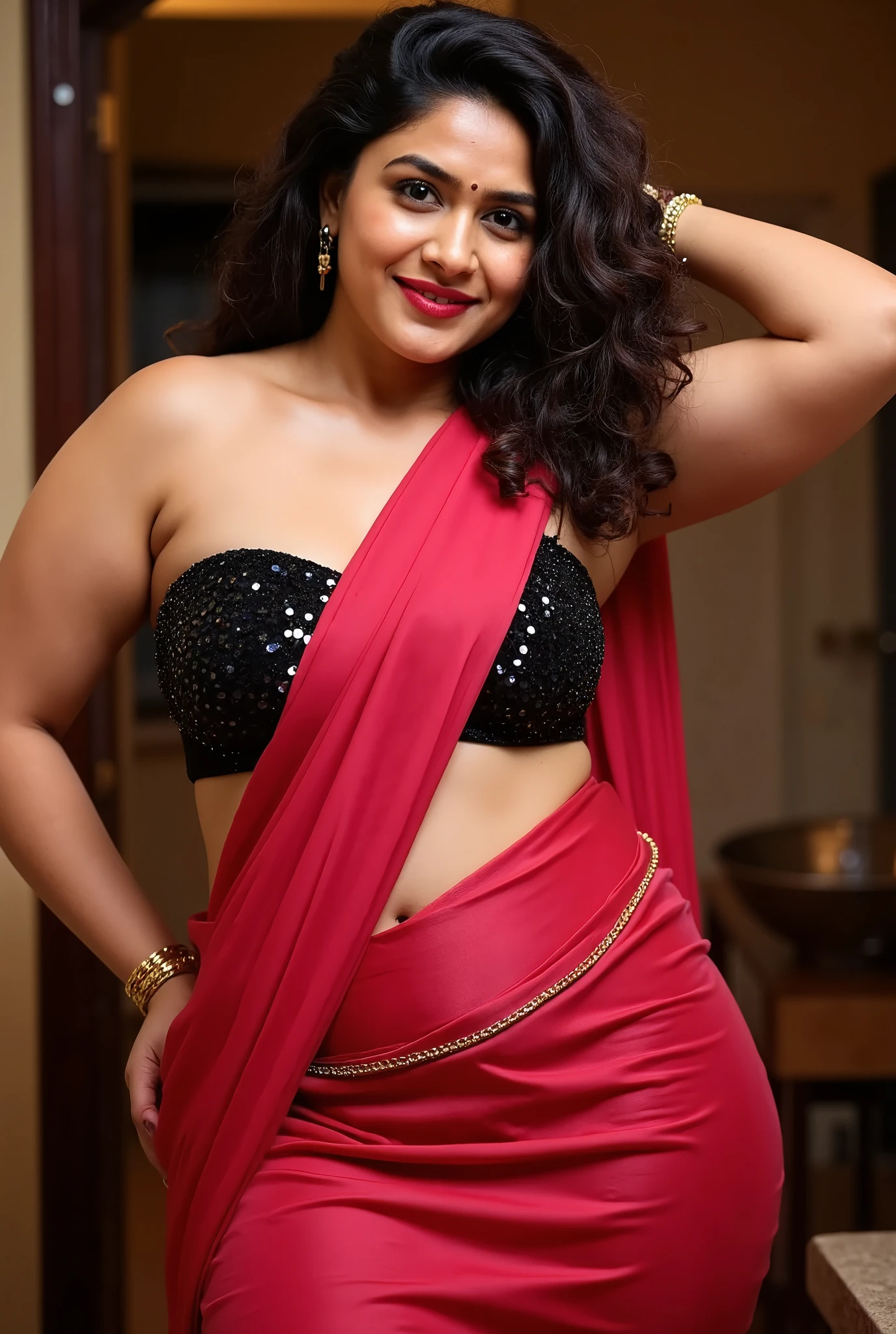 an ullu desi indian cute actress hot plus size standing in kitchen. She has curly black hair and are posing with one hand on the back of their head. She wearing a sleeveless, shimmering black tube bra and a royal red sequin saree with a smooth texture. background is deep blurred, the showing Thigh legs, sexy stubble hairy armpits, sexy deep juicy navel, golden waist chain,