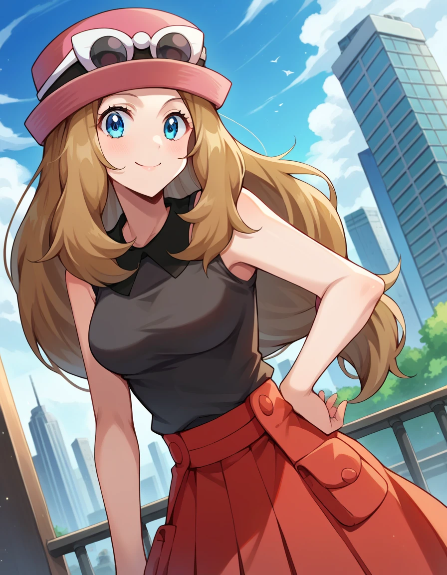 score_9, score_8_up, score_7_up, source_anime,
pokemonserena, serena, long hair, blue eyes, brown hair, smile,
eyewear on head, hat, skirt, sunglasses, shirt, black shirt, sleeveless, red skirt, pink hat,
outdoors, cityscape,
looking at viewer, cowboy shot, dutch angle, big breasts, curvy