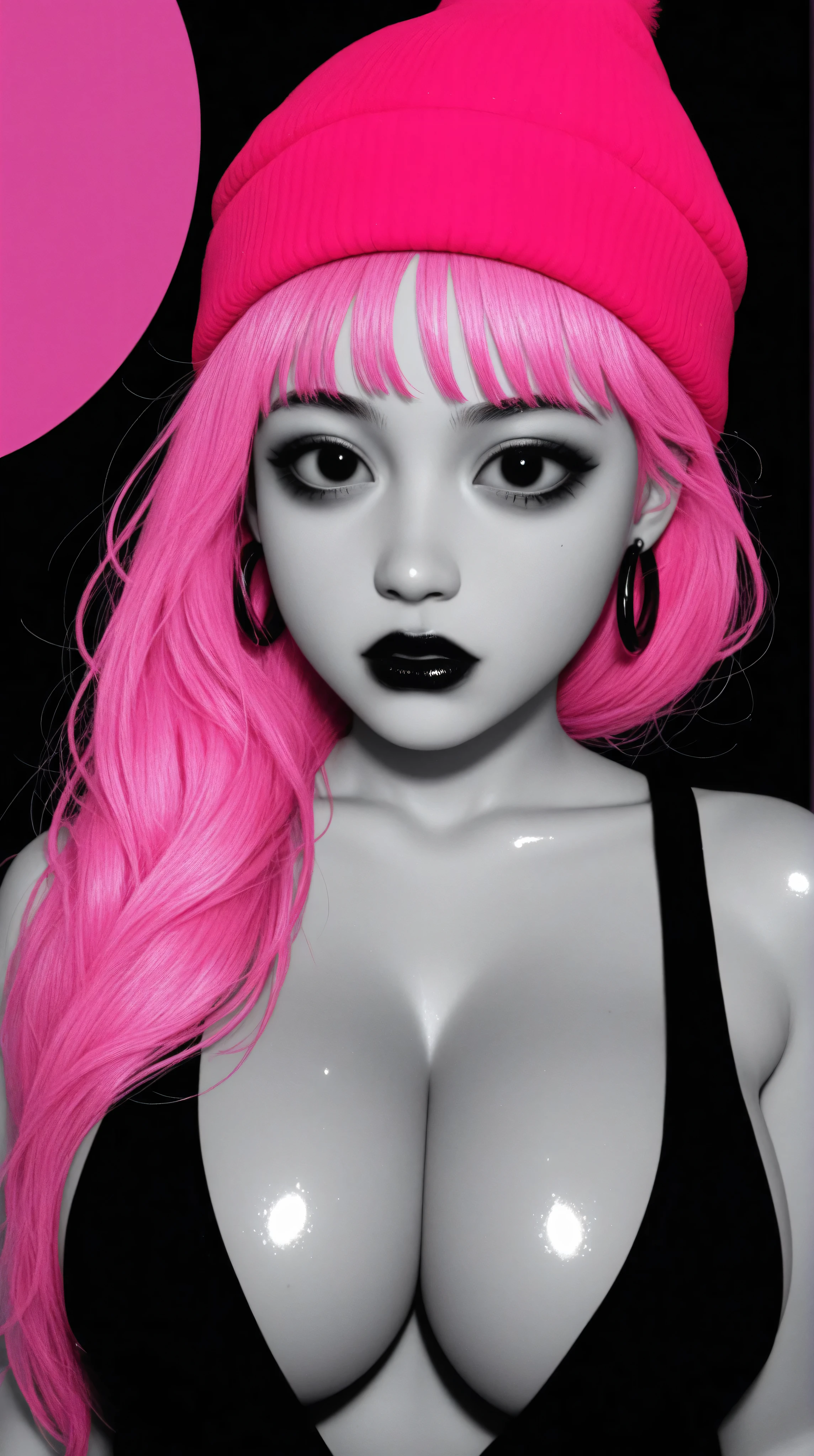 1girl, young asian, goth ****, pink beanie, black lipstick, long pink hair, bangs, dress, plunging neckline, big breasts, makeup, no background, pink background, black background, earrings, cleavage, jewelry, upper body, spot color, hair over shoulder,dark theme,shiny,shiny skin, black background, 
