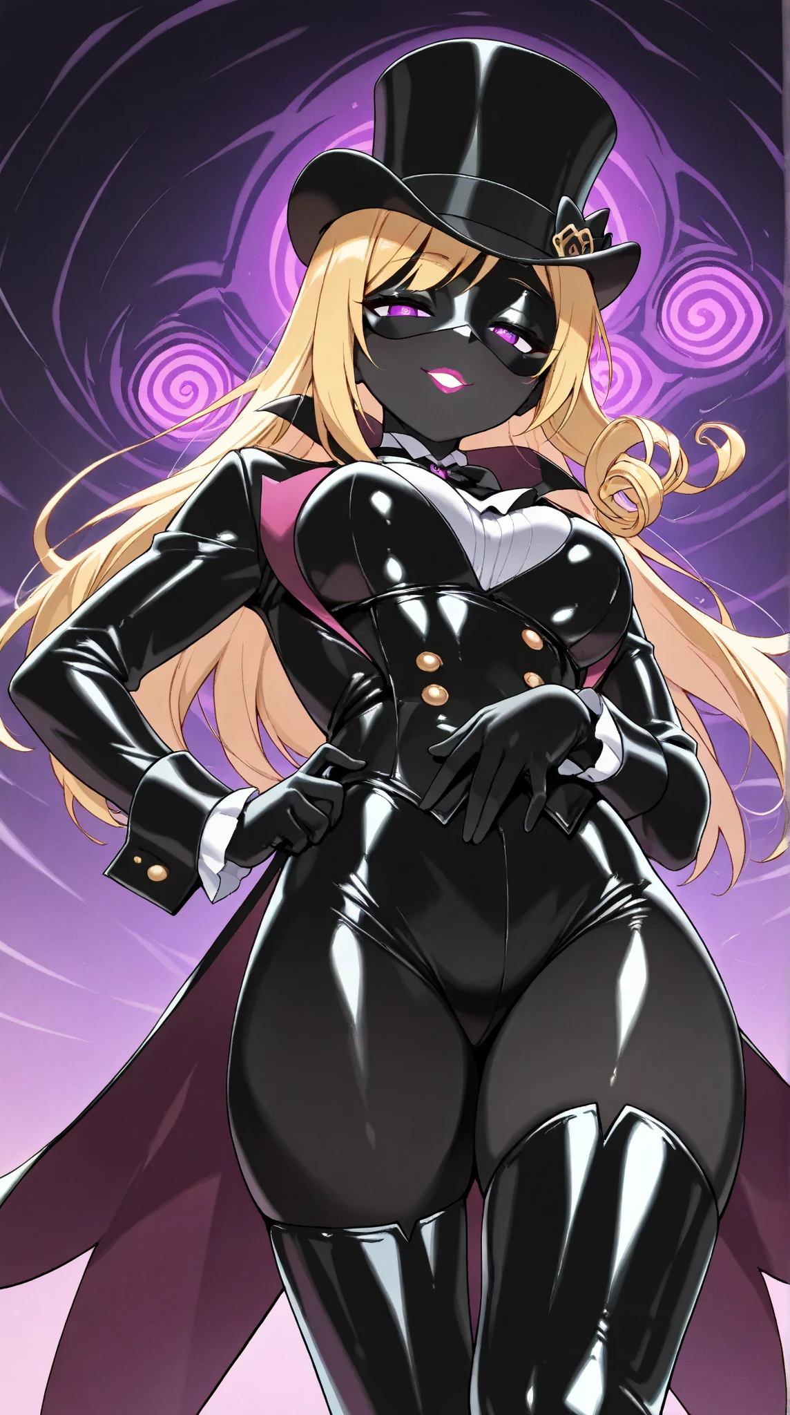  a woman with a black body ,1 person:2.0,(masterpiece:1.3, top quality :1.3, very detailed depiction:1.3, Incredible High Definition :1.3,High quality anime drawings),(Bewitching Female Phantom Thief :1.3),(Sexy Female Phantom Thief Outfit, tuxedo,Gentleman&#39;s hat, covers her eyes with a black venetian mask:1.3,latex, luxury accessories , black tights, boots),( black skin:1.5,Black Skin:1.5,Blonde,Glowing purple eyes, half-closed eyes:1.3,Swirling Eyes :1.3, mind control,Does not depict a mouth :1.5, slender figure, bewitching smile,Glossy lipstick, flashy makeup,Seductive gestures,Beautiful legs, healthy legs,Curvaceous Body,High quality skin),Fall, dynamic images , cowboy shot,I'm bringing my face close to you , I'm hypnotizing you with my eyes