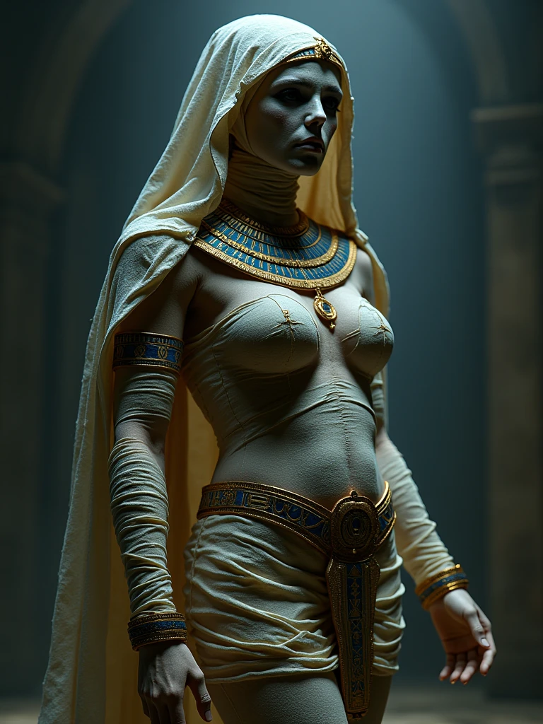 hyper detailed masterpiece, dynamic, awesome quality, mummy, preserved reanimated undead cursed being, a portrait of the most beautiful girl ancient egyptian dangerous witch, beautiful bandages wrapping her body, tight and tattered clothes, scary, bloody and violent movie the mummy, high quality, 4k, cinematic, dramatic lighting, the face of the pharaoh, intricate details, detailed and complex, beautiful and sophisticated, intense and maximalist, impressive and excellent, extremely detailed, realistic, high and complex details, very realistic, dramatic and intense