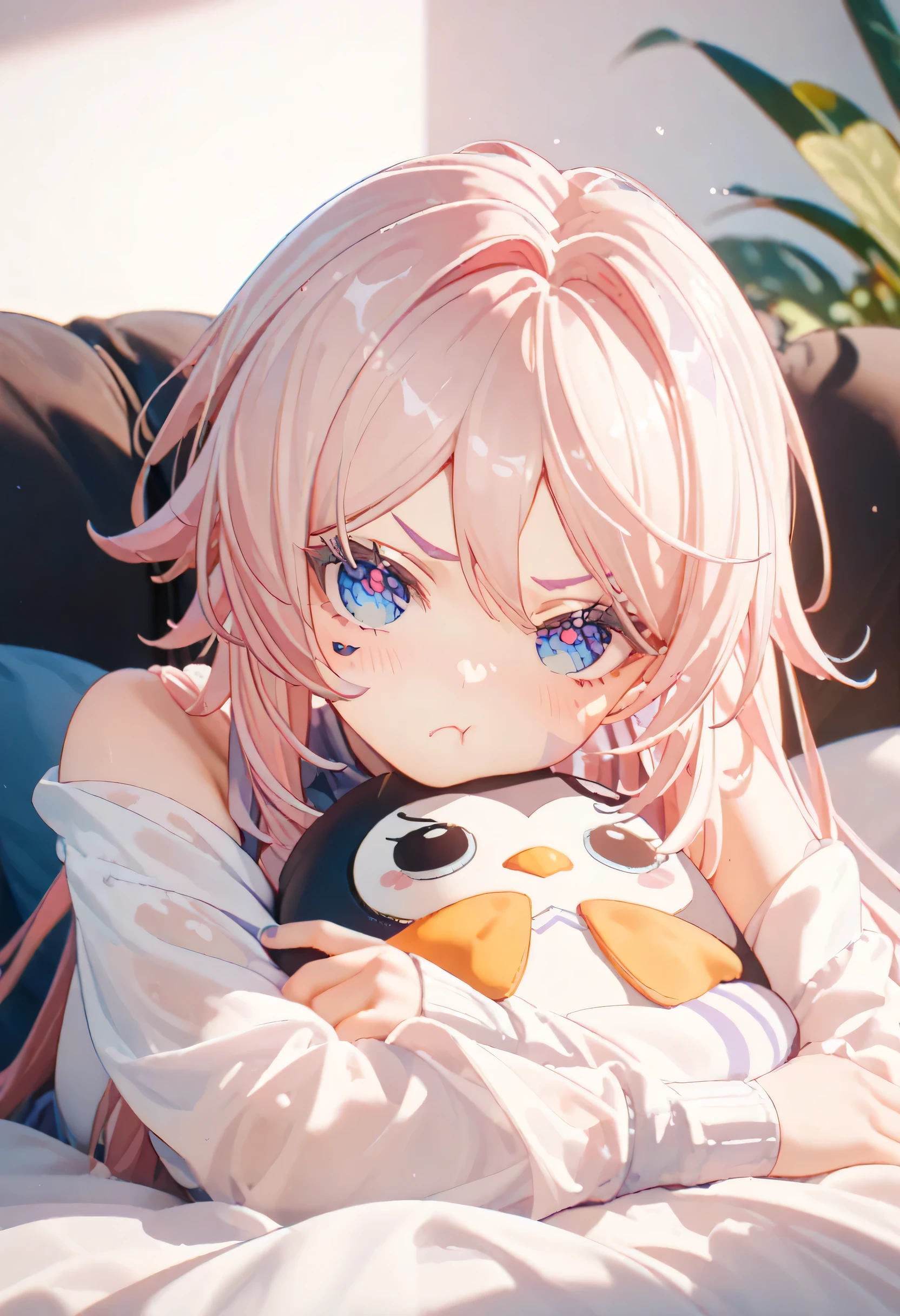 they read, genshin, pout,  puff up cheeks、own hugging feet、Embrace a penguin doll