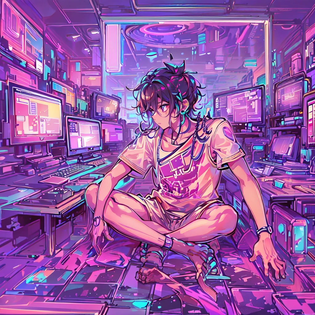 structure of a futuristic boy surrounded by numerous computer screens, 8k, high-detailed, masterpiece, sitting cross-legged on the floor, Empty eyes, ((side view: 1.3)), In the Room at the night, Neon Coloring