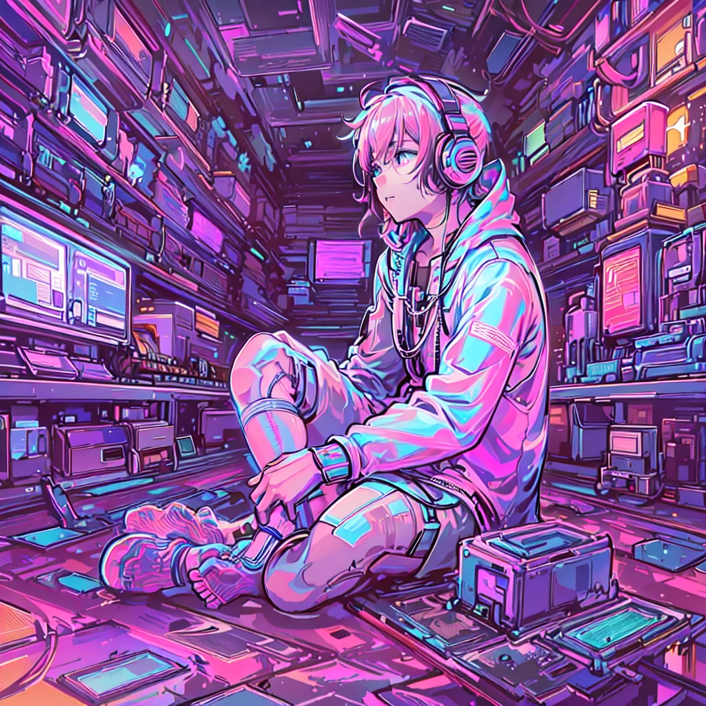 structure of a futuristic boy surrounded by numerous computer screens, 8k, high-detailed, masterpiece, sitting cross-legged on the floor, Empty eyes, ((side view: 1.3)), In the Room at the night, Neon Coloring