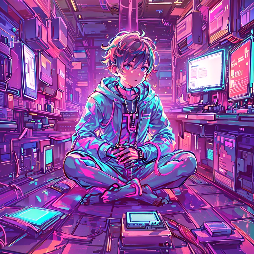 structure of a futuristic boy surrounded by numerous computer screens, 8k, high-detailed, masterpiece, sitting cross-legged on the floor, Empty eyes, ((side view: 1.3)), In the Room at the night, Neon Coloring