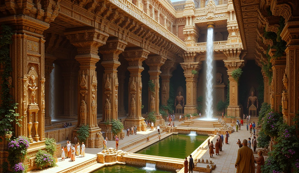 A grand, hyper-realistic painting capturing a majestic hall within an ancient Indian palace. The hall features seven attic pools on top of each, each one connected by cascading waterfalls that flow elegantly from stone-carved spouts high above. Stone platforms and finely carved attic balconies blend seamlessly with the colorful gopuram and intricate Dravidian temple architecture. The ceiling is adorned with ornate carvings, depicting celestial figures and patterns, while massive, intricately detailed pillars showcase traditional South Indian designs, rising gracefully to support the roof. Towering statues of deities and mythical beings, sculpted with precision and reverence, line the hall, lending an aura of timeless grandeur. Lush vines with vibrant flowers wrap around the stonework, introducing elements of natural beauty into the scene. Soft rays of sunlight filter in from above, illuminating the pools and casting intricate shadows that accentuate the hall's detailed craftsmanship. The atmosphere combines a serene tranquility with opulent splendor, as vivid textures and colors reflect the rich legacy and splendor of ancient south India. Capture the scene with high contrast, vivid hues, and a warm, ethereal glow