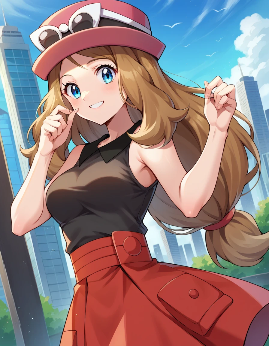 score_9, score_8_up, score_7_up, source_anime,
pokemonserena, serena, long hair, blue eyes, brown hair, smile,
eyewear on head, hat, skirt, sunglasses, shirt, black shirt, sleeveless, red skirt, pink hat,
outdoors, cityscape,
looking at viewer, cowboy shot, dutch angle, large breasts, curvy, sexy