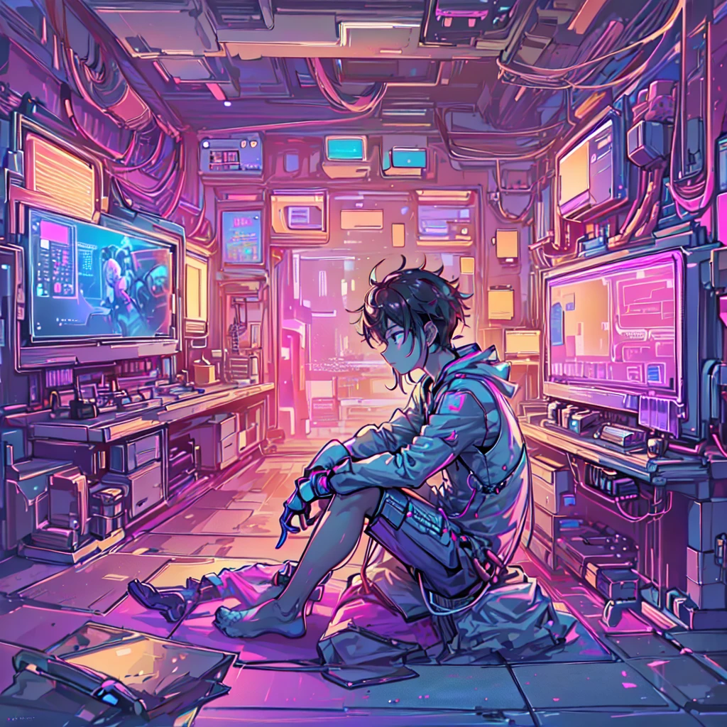 structure of a futuristic boy surrounded by numerous computer screens, 8k, high-detailed, masterpiece, sitting cross-legged on the floor, Empty eyes, ((side view: 1.3)), In the Room at the night, Neon Coloring