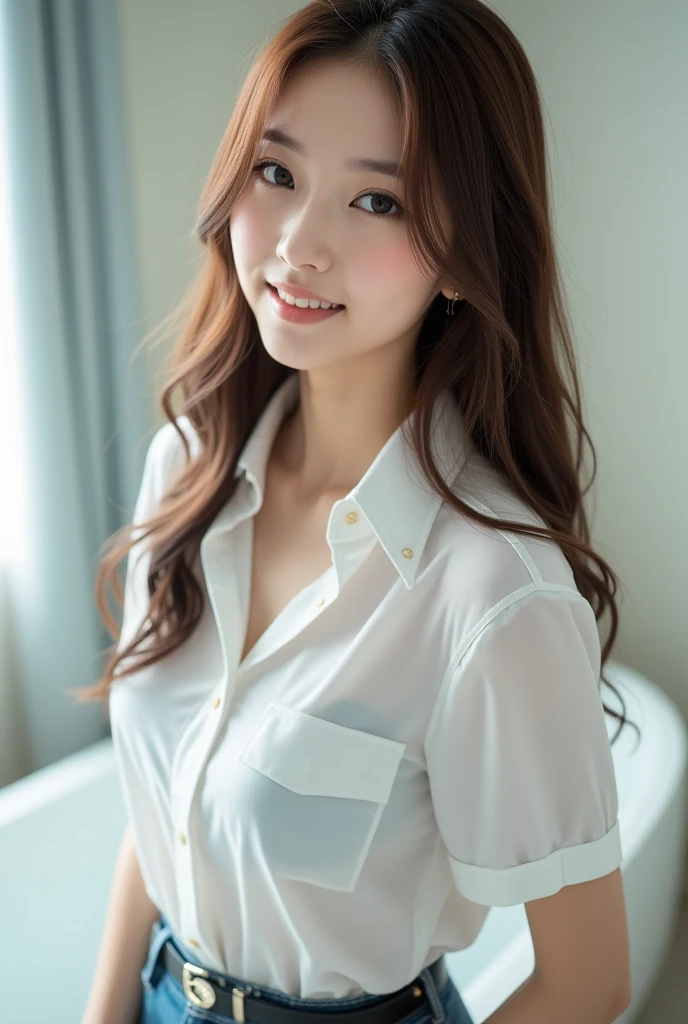 table top, highest quality, realistic, Super detailed, finely, High resolution, 8k wallpaper, 1 beautiful woman,, light brown messy hair, wearing a business suit, sharp focus, perfect dynamic composition, finelyて美しい目, thin hair, Detailed and realistic skin texture, smile, close-up portrait, model body shape