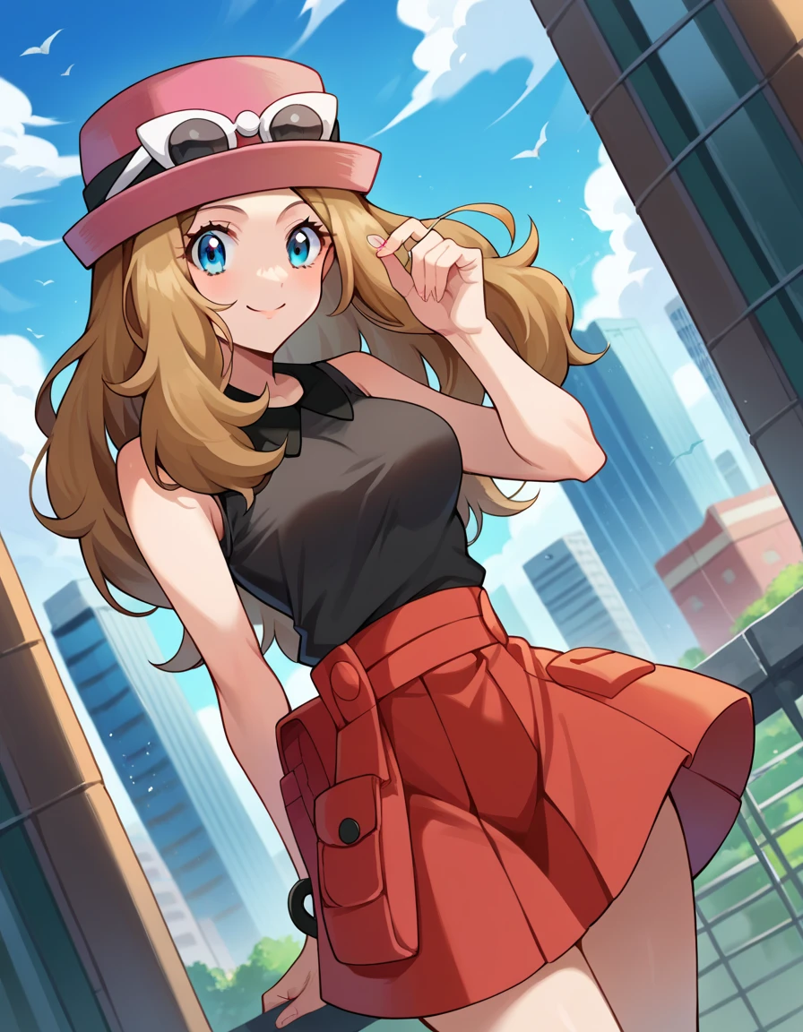 score_9, score_8_up, score_7_up, source_anime,
pokemonserena, serena, long hair, blue eyes, brown hair, smile,
eyewear on head, hat, skirt, sunglasses, shirt, black shirt, sleeveless, red skirt, pink hat,
outdoors, cityscape,
looking at viewer, cowboy shot, dutch angle, large breasts, curvy, sexy, nipples marking through shirt