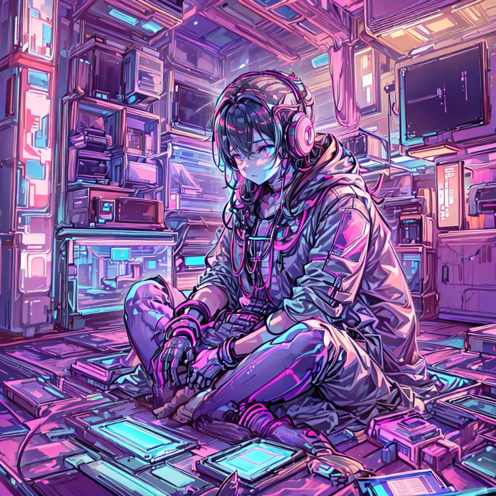 structure of a futuristic boy surrounded by numerous computer screens, 8k, high-detailed, masterpiece, sitting cross-legged on the floor, Empty eyes, ((side view: 1.3)), In the Room at the night, Neon Coloring