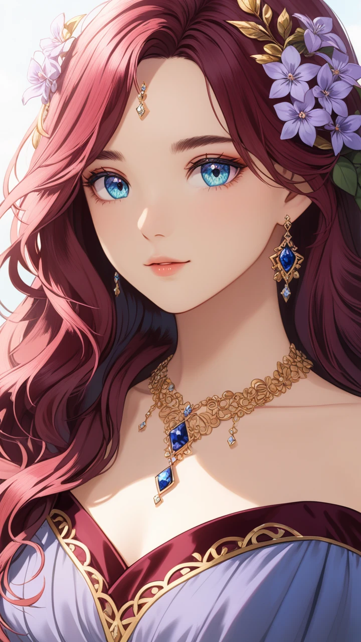 1girl, sky blue eyes mixed with lilac, marsala hair, pale skin, soft blush makeup, long wavy hair, hexagon-shaped sapphire necklace, elegant dress with burgundy satin fabric, dress with gold border, anime, 2D, detailed, fine big eyes, 26 years old girl, pretty character, fairy coded beauty 