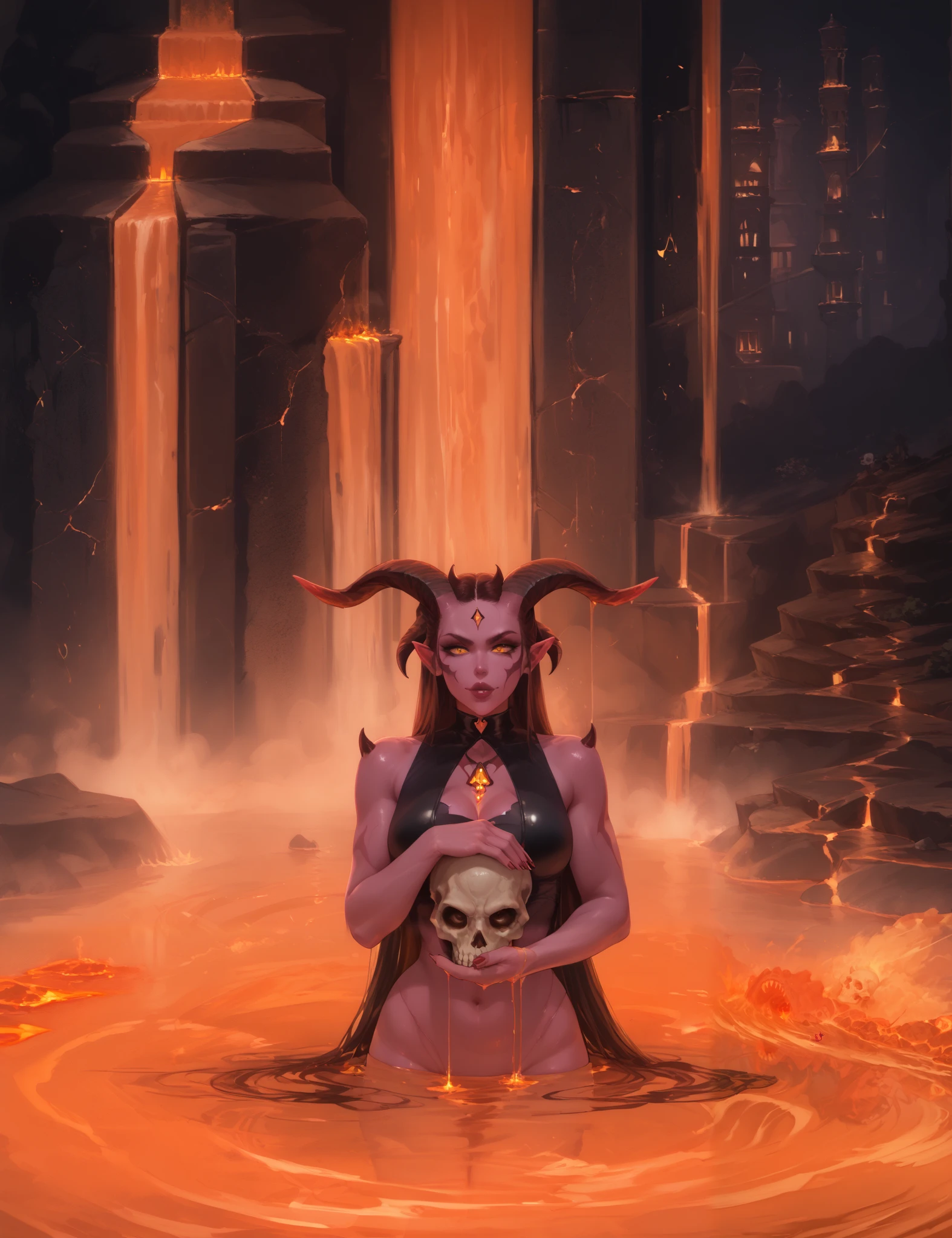 девушка demon, demon, девушка demon в лаве.  girl with a skull in her hands,  skull in hands , lake in lava , horns, pink skin,  tight , Pointed ears