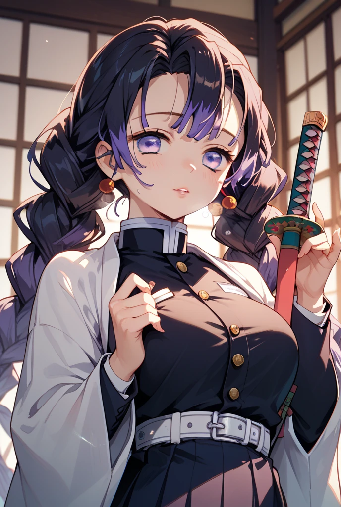 better hands, better fingers, ultra detailed face, perfect smile, five fingers, perfect hands holding a katana, flame blade, cabelo roxo,hashira dos insetos, respiração da borboleta ,4k,8k,16k
Corrigir erros