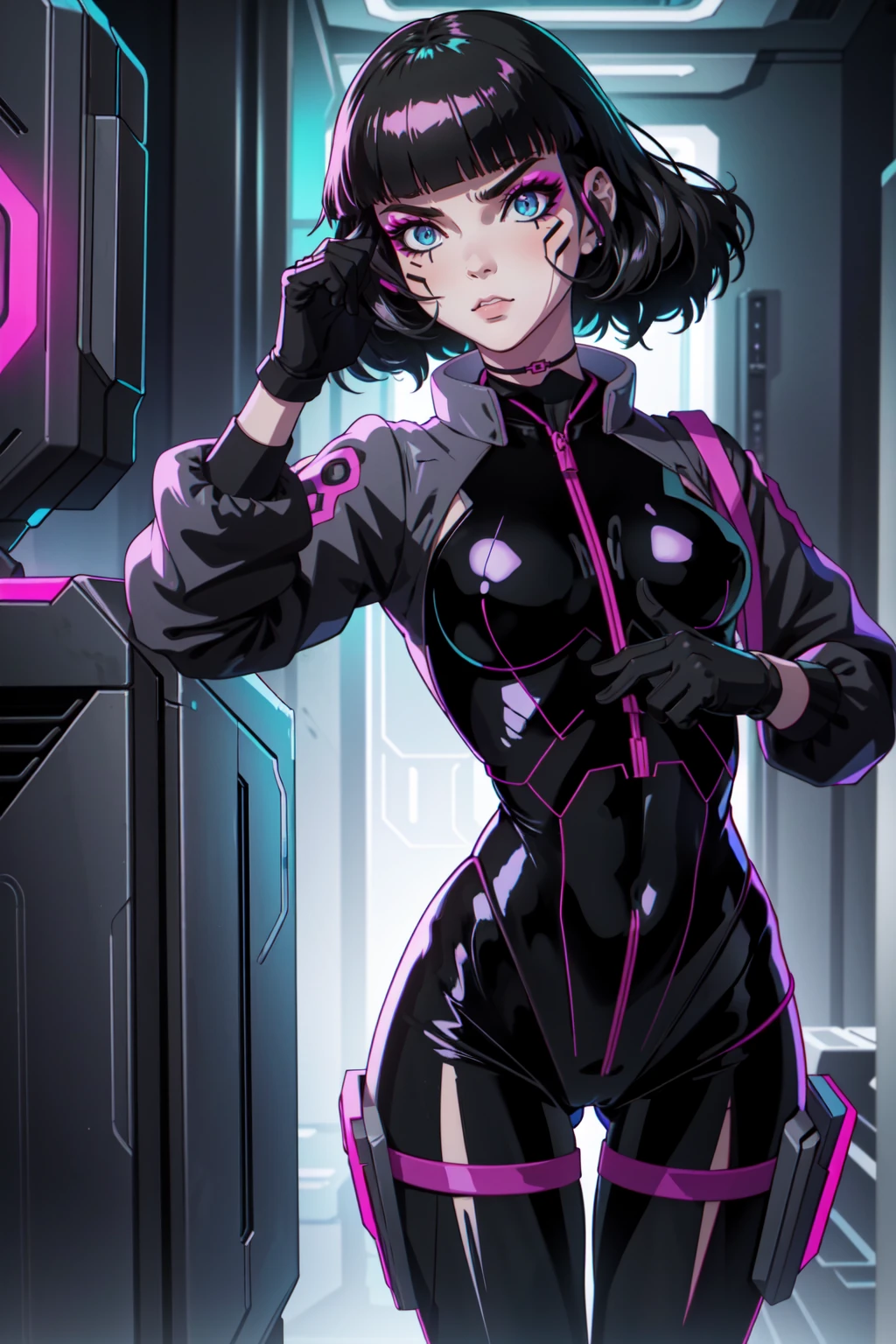 (masterpiece), best quality, 1 girl,solo, cyberpunk bodysuit, indoors, factory, purple hair, bob cut, dark background,