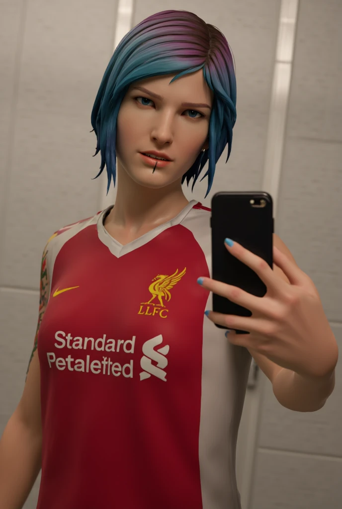 Chloe Price, wearing a Liverpool (2007 season jersey), taking a selfie in a bathroom, photorealistic, highly detailed