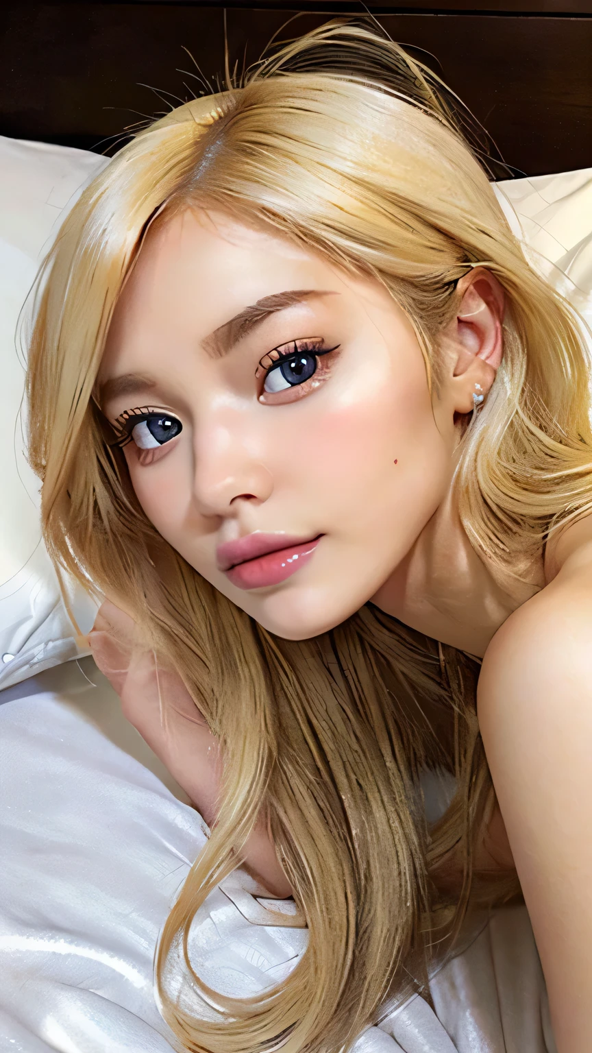 A close-up of a woman lying on a bed with a pillow., sexy look , Instagram model , a beautiful blonde , sexy look at the camera, Beautiful blonde girl , Perfect face ), attractive and beautiful face , beautiful model , 19-year-old girl , attractive girl, blonde hair and big eyes , the most beautiful woman in the world , Blonde goddess, sexy face