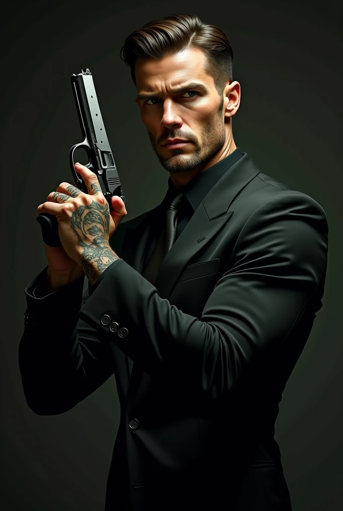  Man in a black suit with brown hair and green eyes, wearing black clothes and with tattoos on his arms ,  man holding a gun 