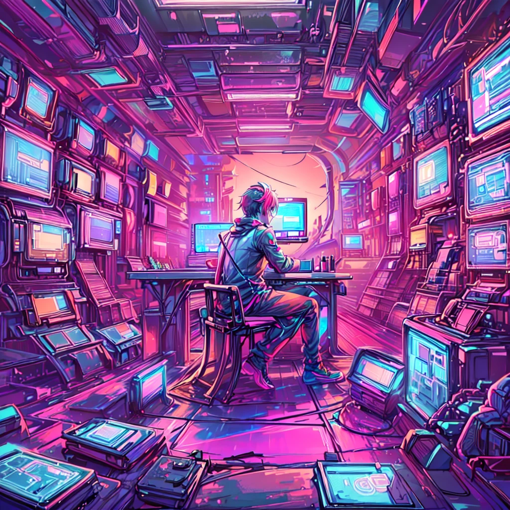 structure of a futuristic boy surrounded by numerous computer screens, 8k, high-detailed, masterpiece, sitting cross-legged on the floor, Empty eyes, ((side view: 1.3)), In the Room at the night, Neon Coloring