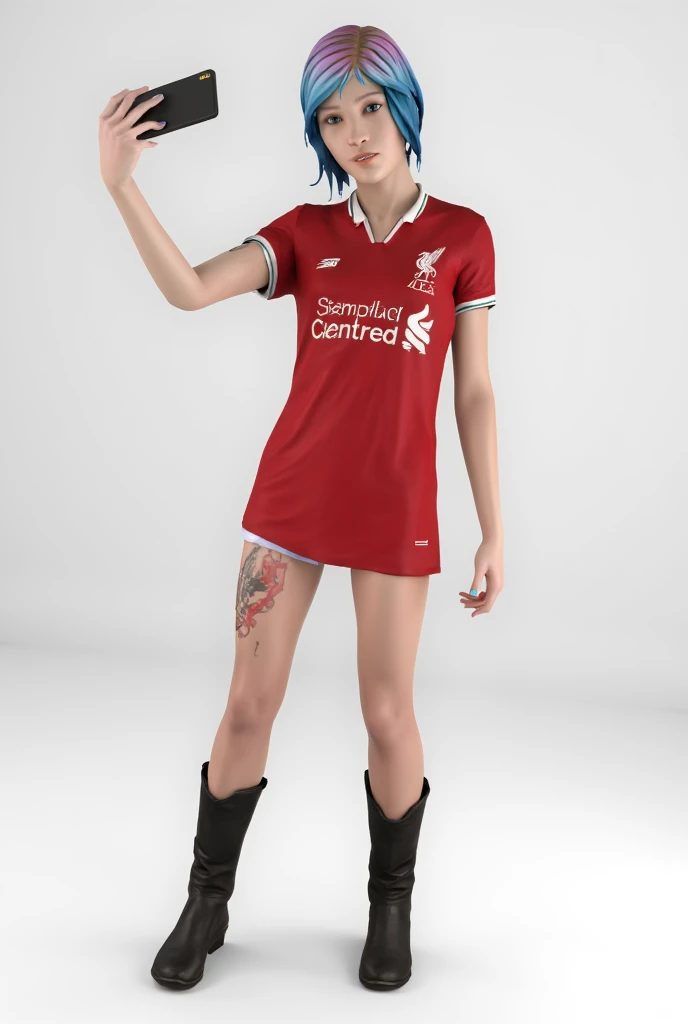 Chloe Price, wearing a Liverpool (2007 season jersey), taking a selfie in a white background, photorealistic, highly detailed