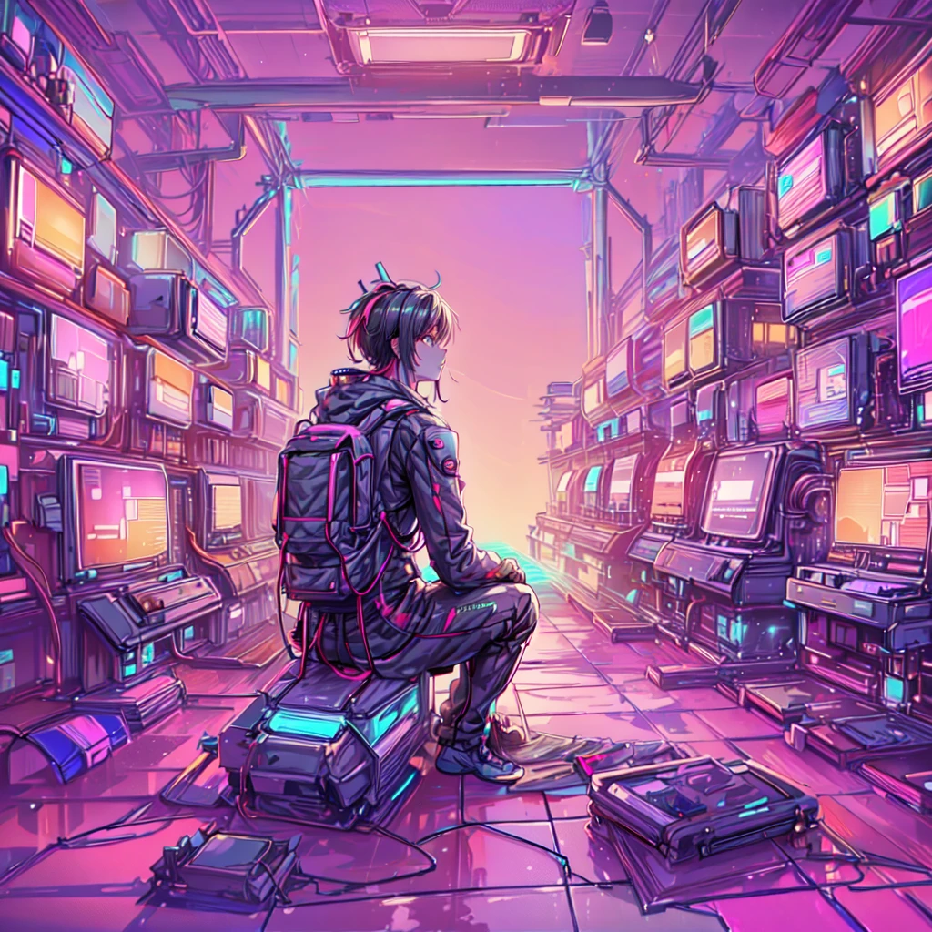 structure of a futuristic boy surrounded by numerous computer screens, 8k, high-detailed, masterpiece, sitting cross-legged on the floor, Empty eyes, ((side view: 1.3)), In the Room at the night, Neon Coloring