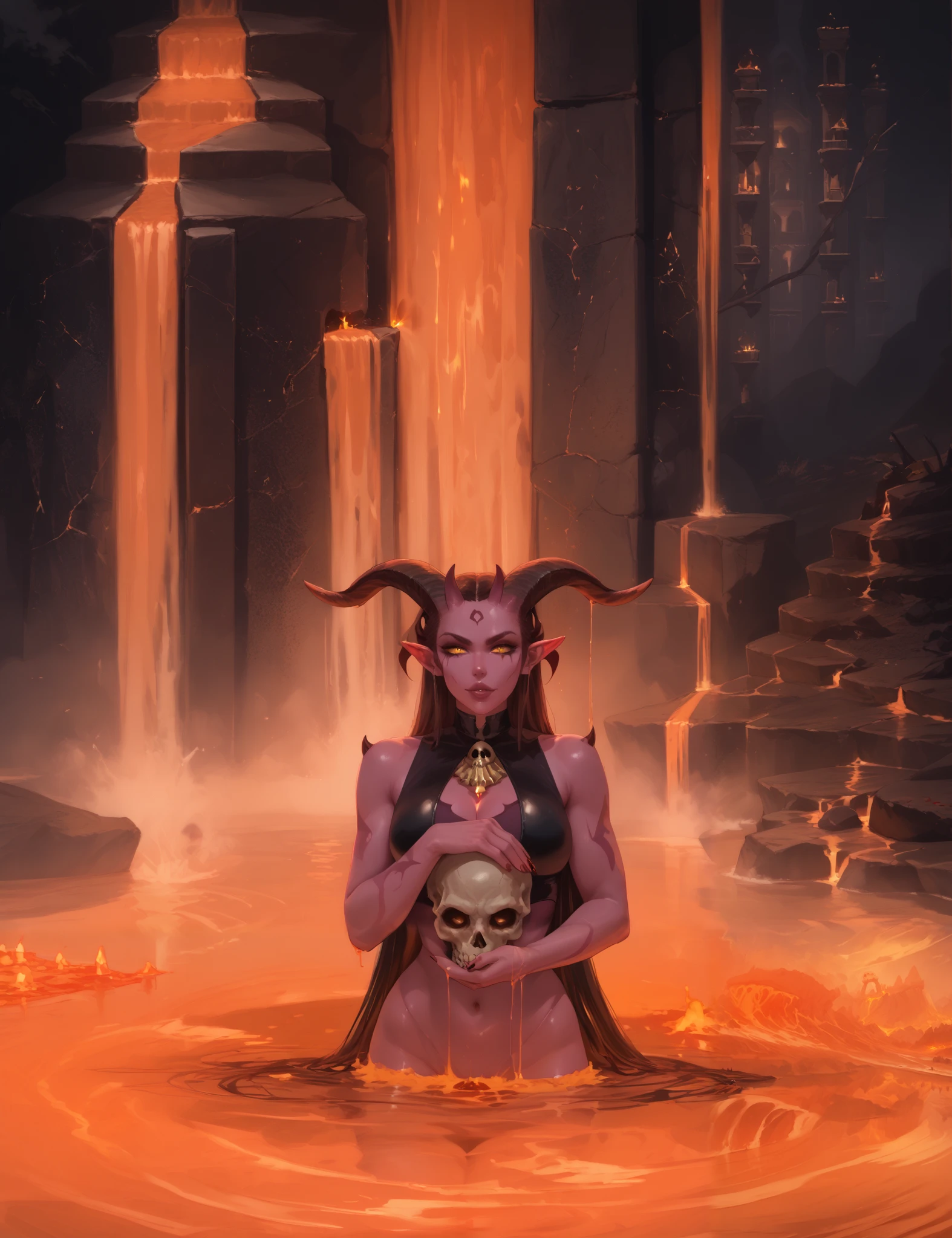 девушка demon, demon, девушка demon в лаве.  girl with a skull in her hands,  skull in hands , lake in lava , horns, pink skin,  tight , Pointed ears