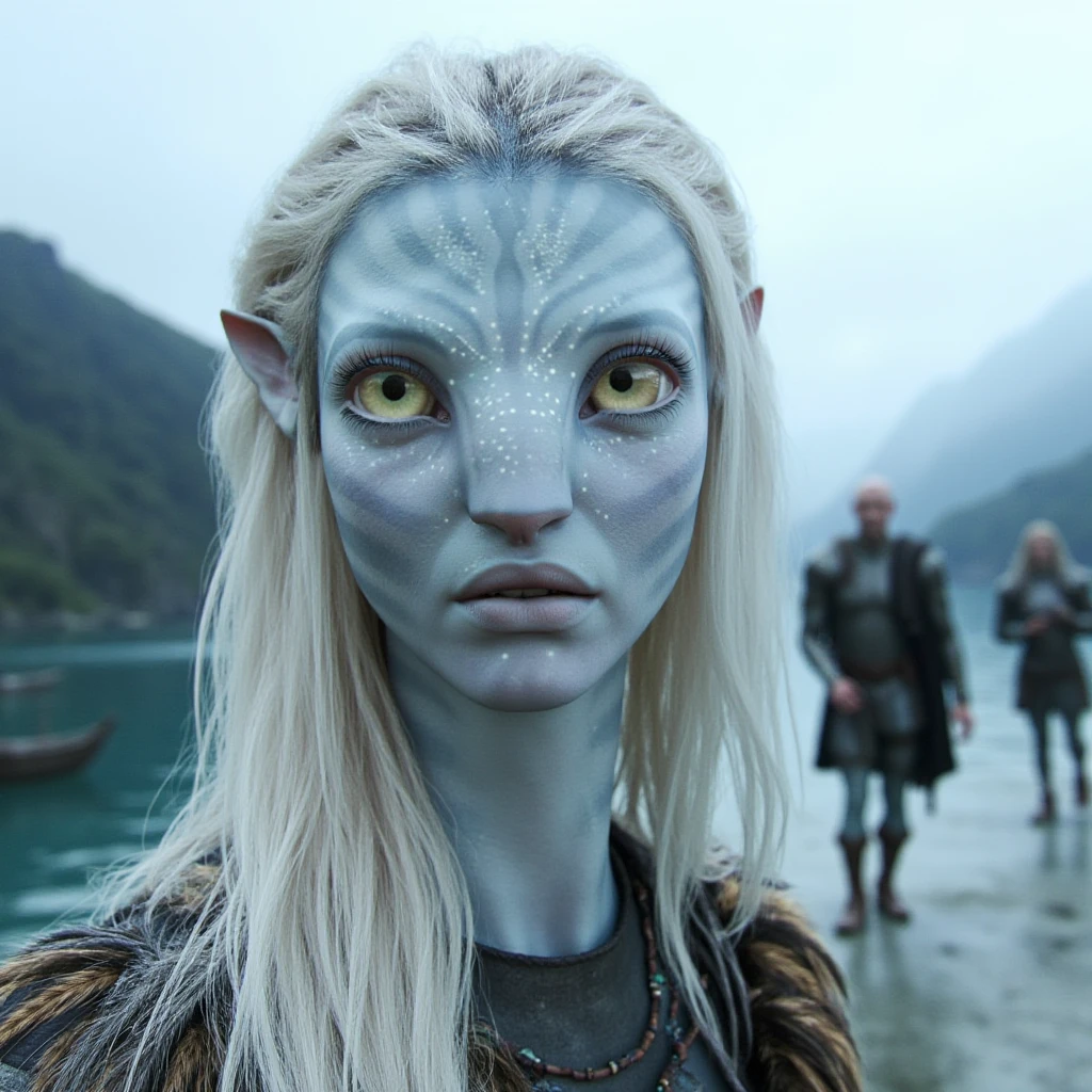 High quality Instagram selfie of a warrior princess with pale white skin electric blue eyes and platinum blonde hair and eye-lashes. There is a beautiful norwegian fjord in the background and other viking troops walking past her. She looks fierce and beautiful yet calm.