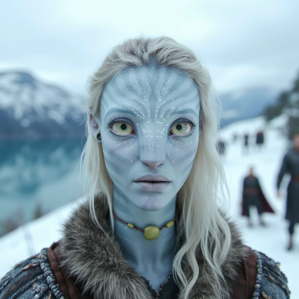 High quality Instagram selfie of a warrior princess with pale white skin electric blue eyes and platinum blonde hair and eye-lashes. There is a beautiful norwegian fjord in the background and other viking troops walking past her. She looks fierce and beautiful yet calm.