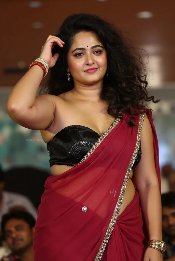 NSFW, HDR 8K , Indian Teacher Anushka shetty smiling at visitor in a Class room ,pretty women , beautiful face long free hair ,  face expression  , women dressed in lowhip black saree, oily smooth skinned mom , (( Mom had perfect voluptuous body , deep belly , curvy waist , big deep navel , cleavage facing visitor: 1.2 , ))  , seduce , glomoures figure mom , full body . Transparent navel in saree , Clear eyes without reflection.